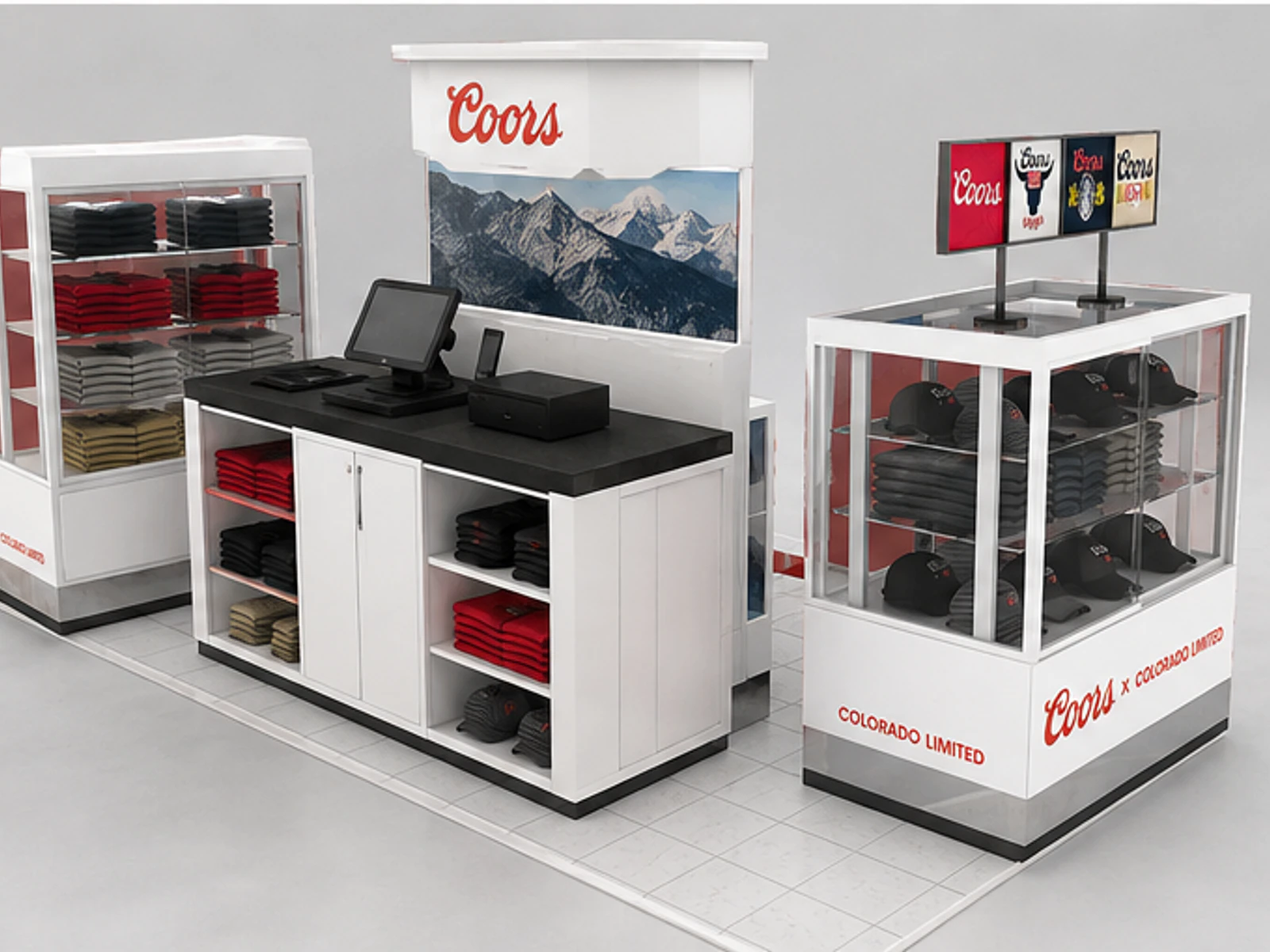Hat Clothing Retail Kiosk Clothes Display Showcase Design Sport Cloth Counter staff storage and checkout detail