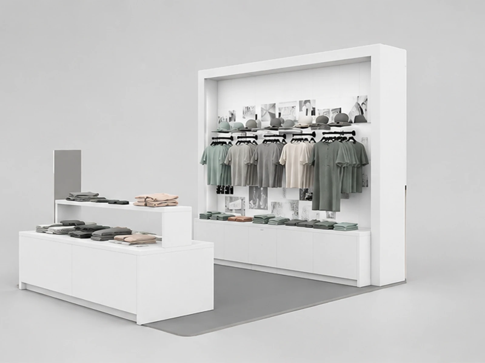 High-end Clothing Kiosk Display Counter in Retail Store for Sale angled clothing display view
