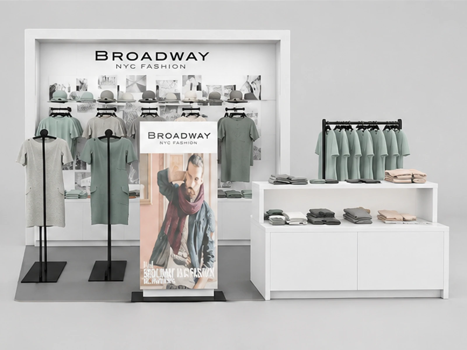 High-end Clothing Kiosk Display Counter in Retail Store for Sale garment rails and shelving view
