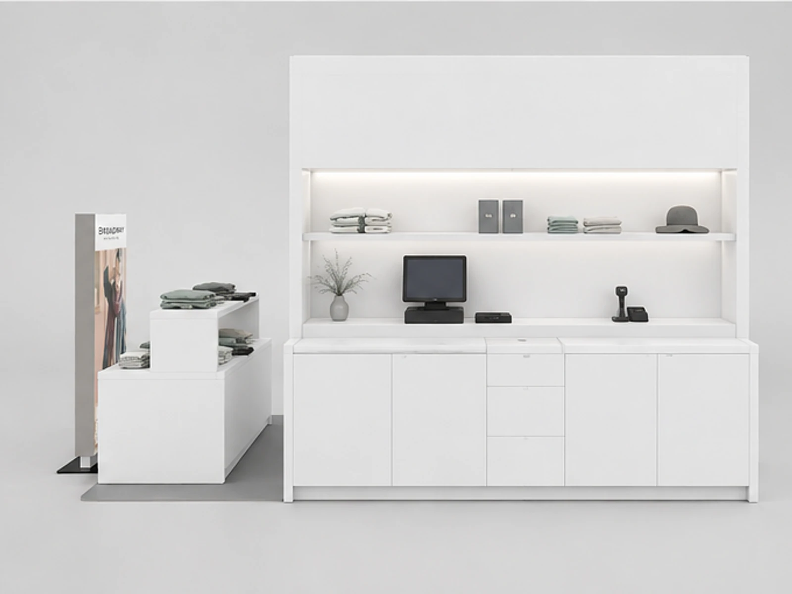 High-end Clothing Kiosk Display Counter in Retail Store for Sale staff storage and checkout detail