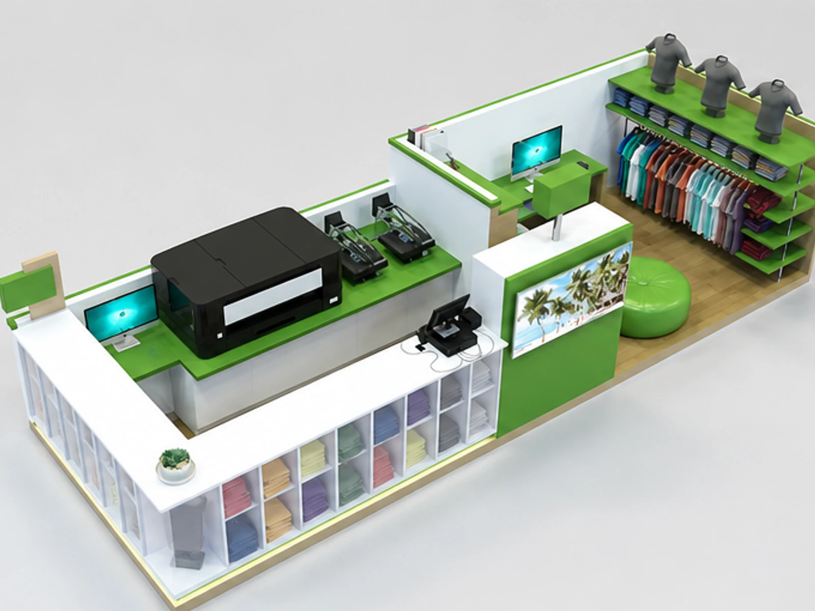 Hot sale custom T-shirt printing kiosk T-shirt display booth used in shopping center main mall-facing view