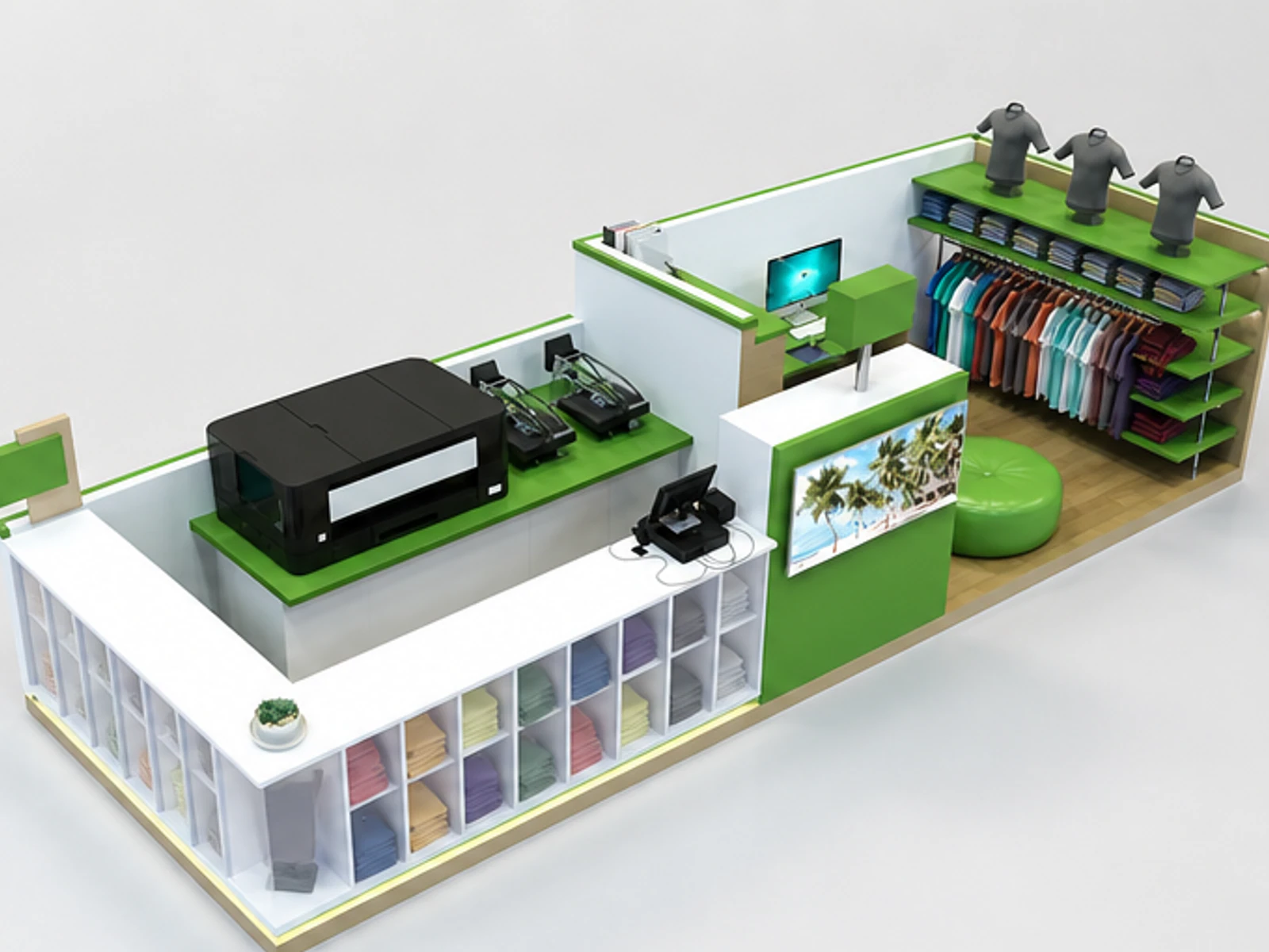 Hot sale custom T-shirt printing kiosk T-shirt display booth used in shopping center angled clothing display view