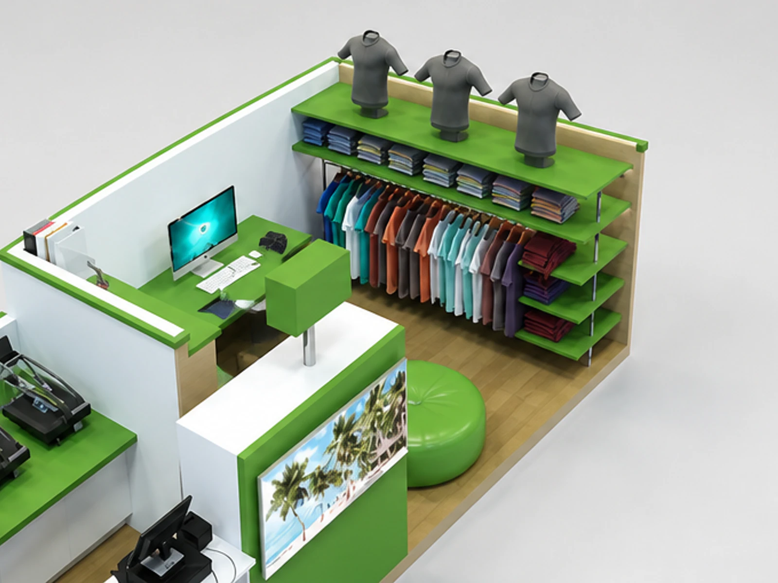 Hot sale custom T-shirt printing kiosk T-shirt display booth used in shopping center garment rails and shelving view