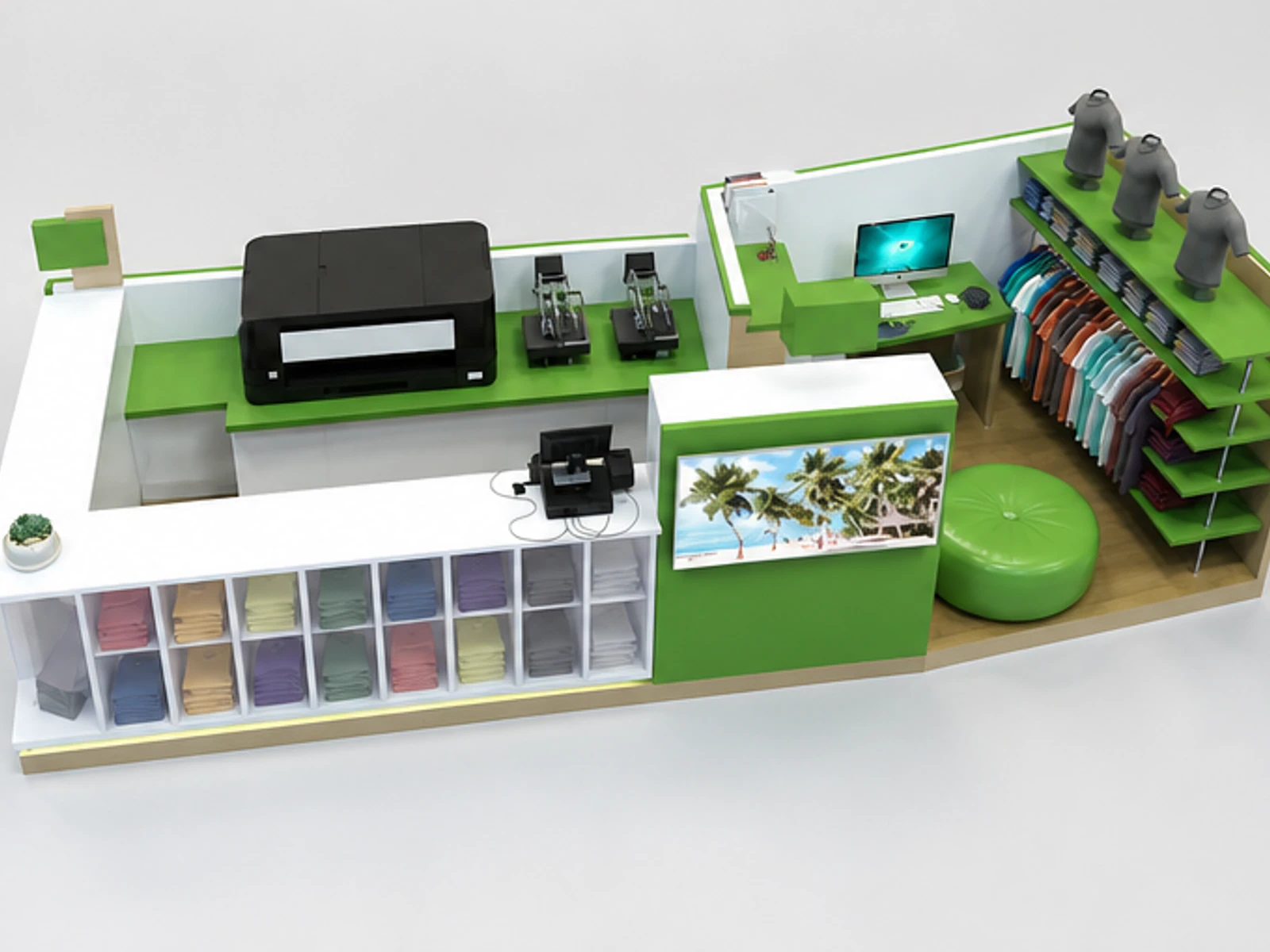 Hot sale custom T-shirt printing kiosk T-shirt display booth used in shopping center staff storage and checkout detail
