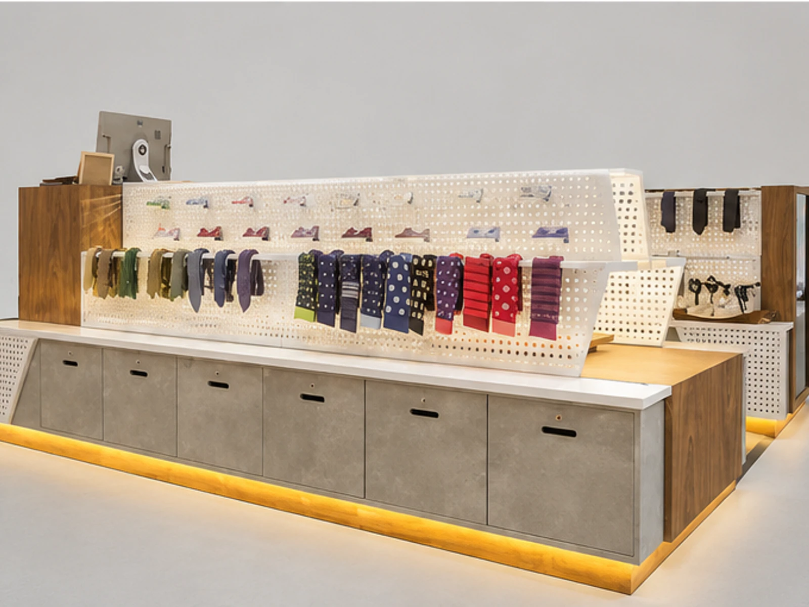 Hot Selling Clothing Display Stand & T-shirt Kiosk for Pants Display Counter in Retail Store garment rails and shelving view