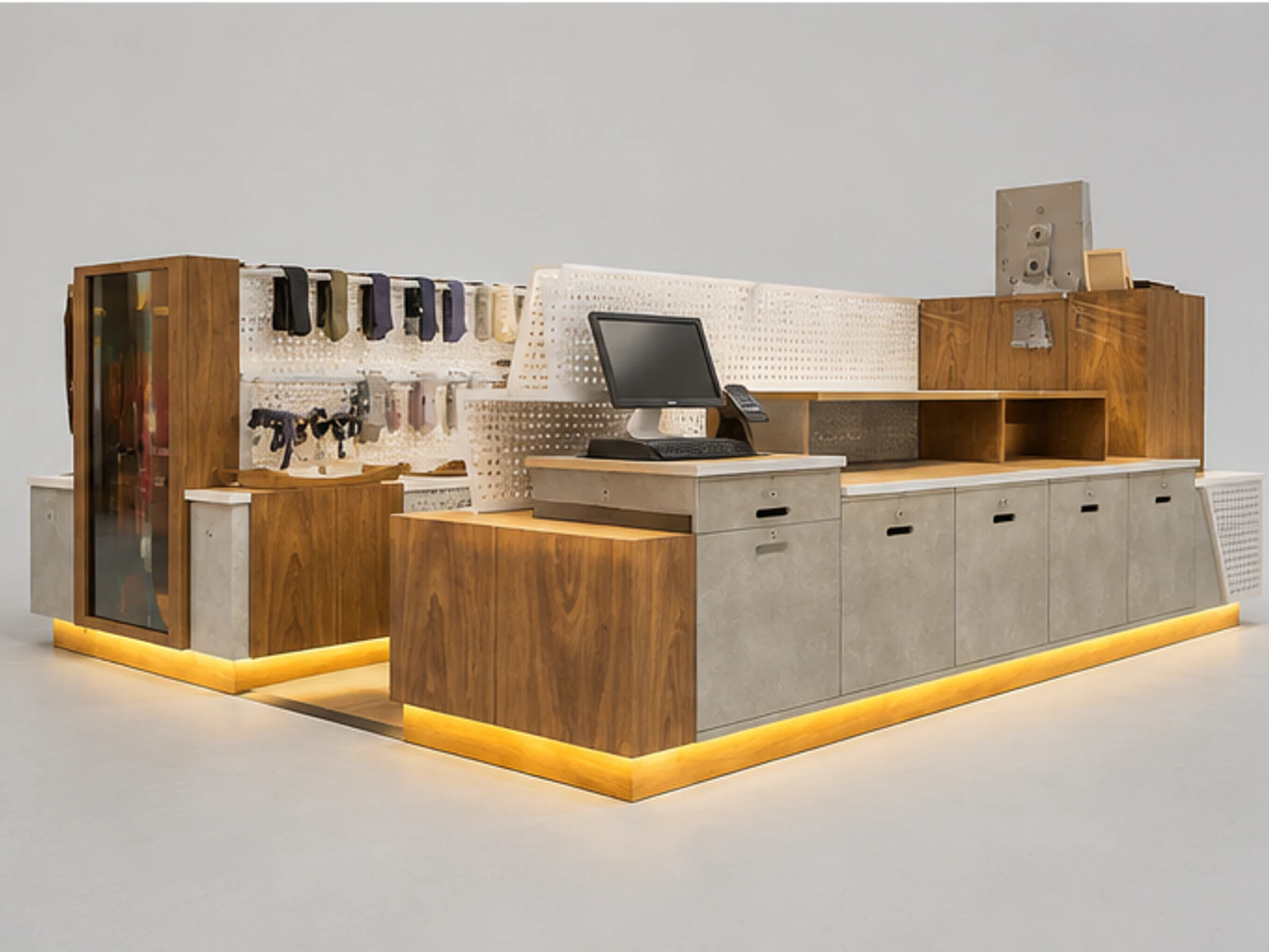 Hot Selling Clothing Display Stand & T-shirt Kiosk for Pants Display Counter in Retail Store staff storage and checkout detail