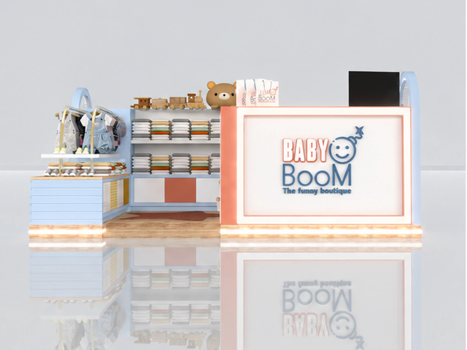 Kids Clothes Kiosk Cute Blue Kids Doll Kiosk Mall Center Kids Products Display main mall-facing view