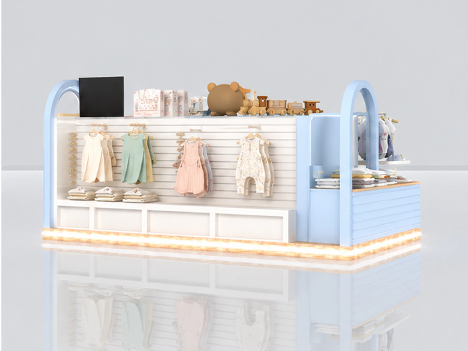 Kids Clothes Kiosk Cute Blue Kids Doll Kiosk Mall Center Kids Products Display angled clothing display view