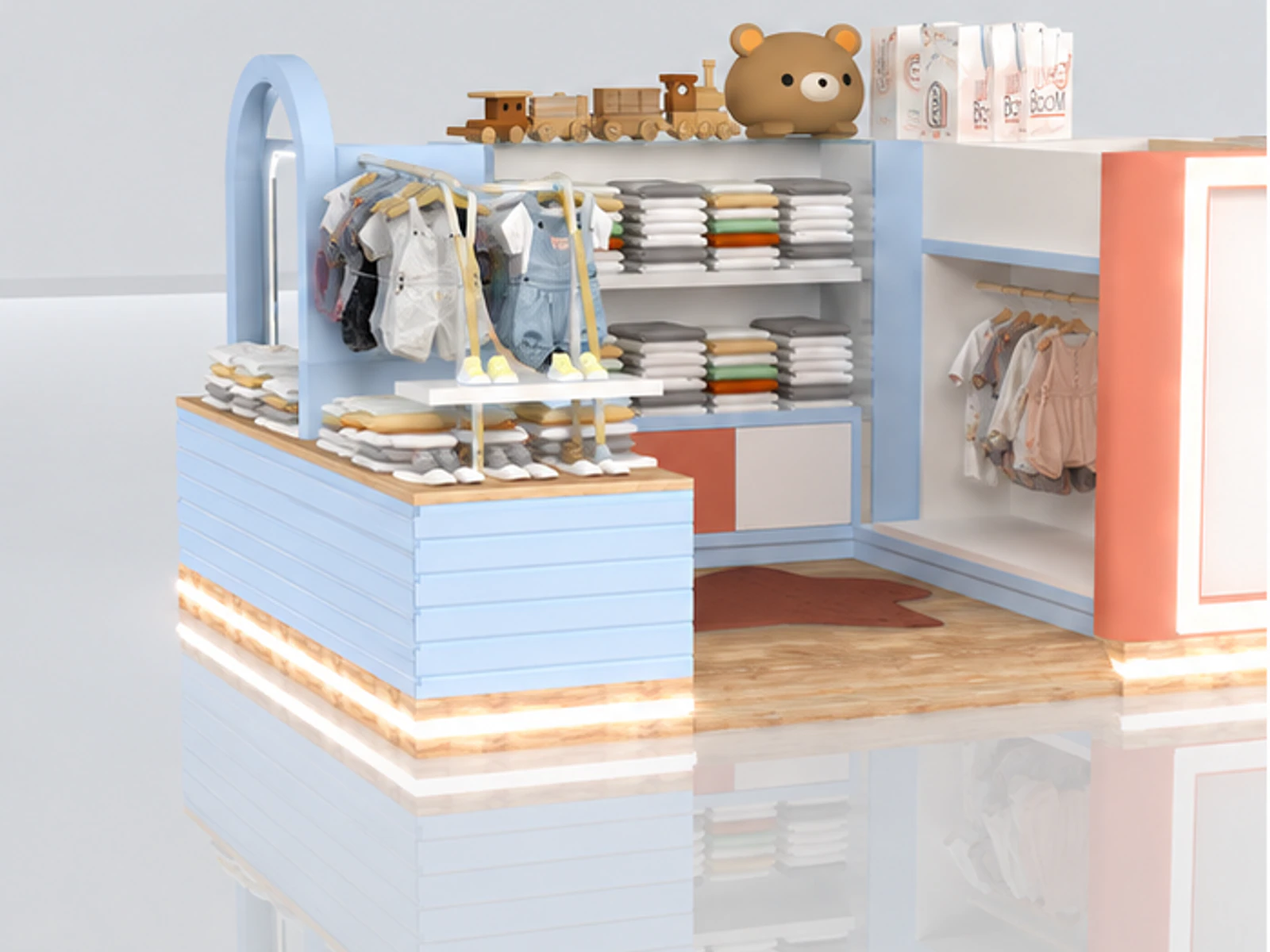 Kids Clothes Kiosk Cute Blue Kids Doll Kiosk Mall Center Kids Products Display garment rails and shelving view