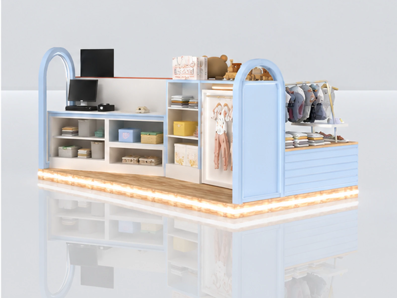 Kids Clothes Kiosk Cute Blue Kids Doll Kiosk Mall Center Kids Products Display staff storage and checkout detail