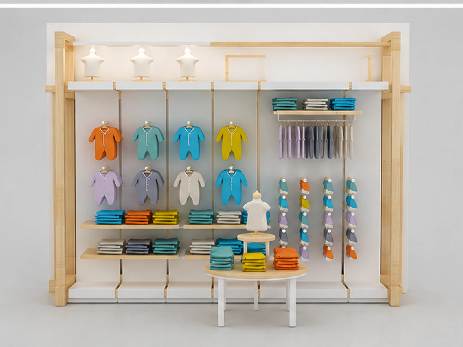 Kids Clothing Kiosk Wooden Baby Shop Retail Fixture garment rails and shelving view