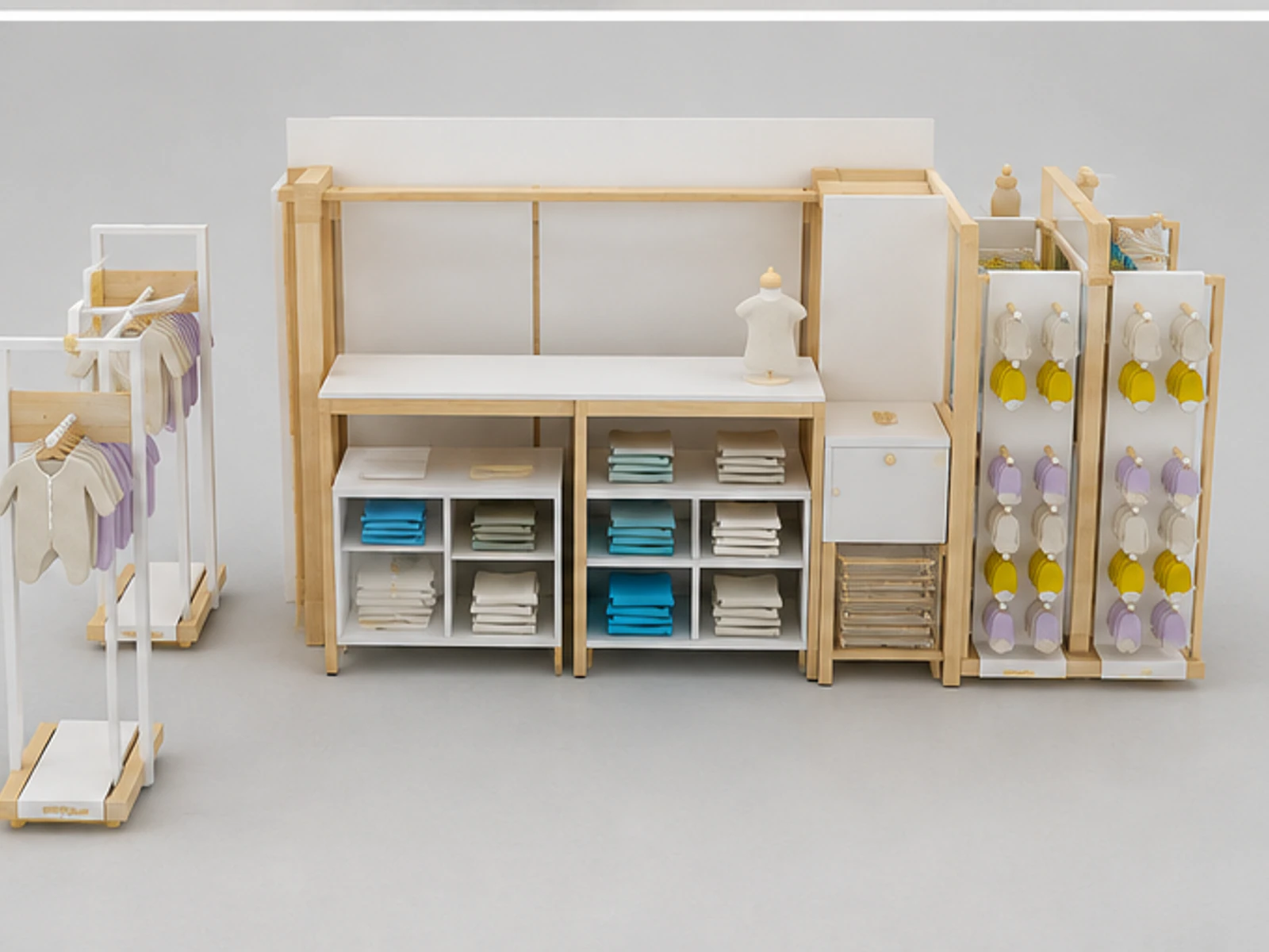 Kids Clothing Kiosk Wooden Baby Shop Retail Fixture staff storage and checkout detail