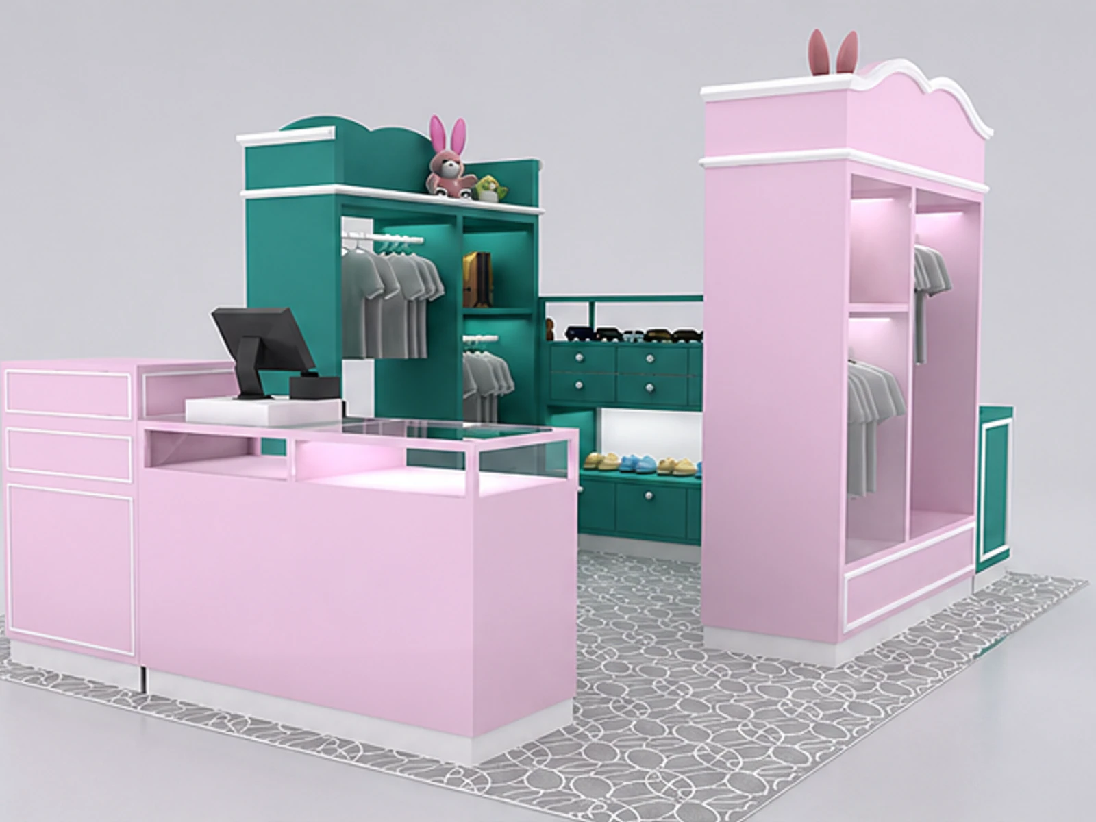 Lovely kids clothes display kiosk shoes display booth used in retail shopping center main mall-facing view
