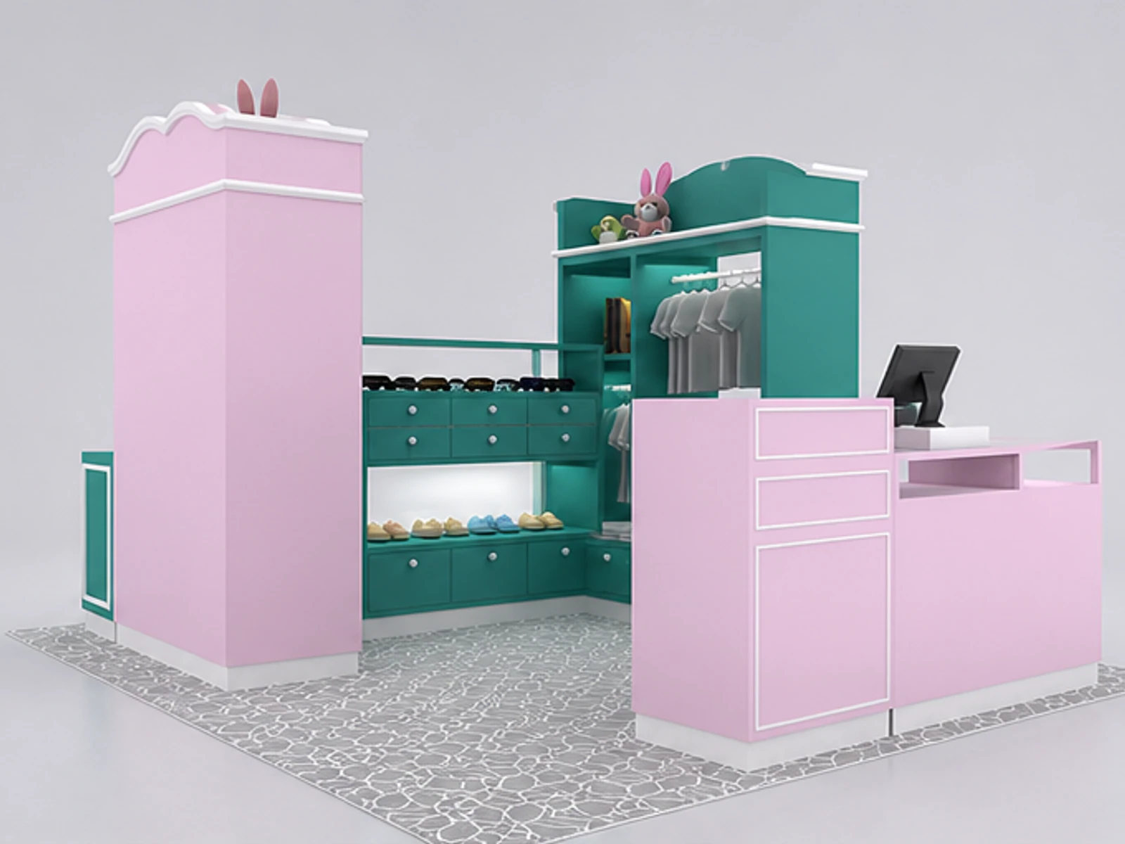Lovely kids clothes display kiosk shoes display booth used in retail shopping center angled clothing display view