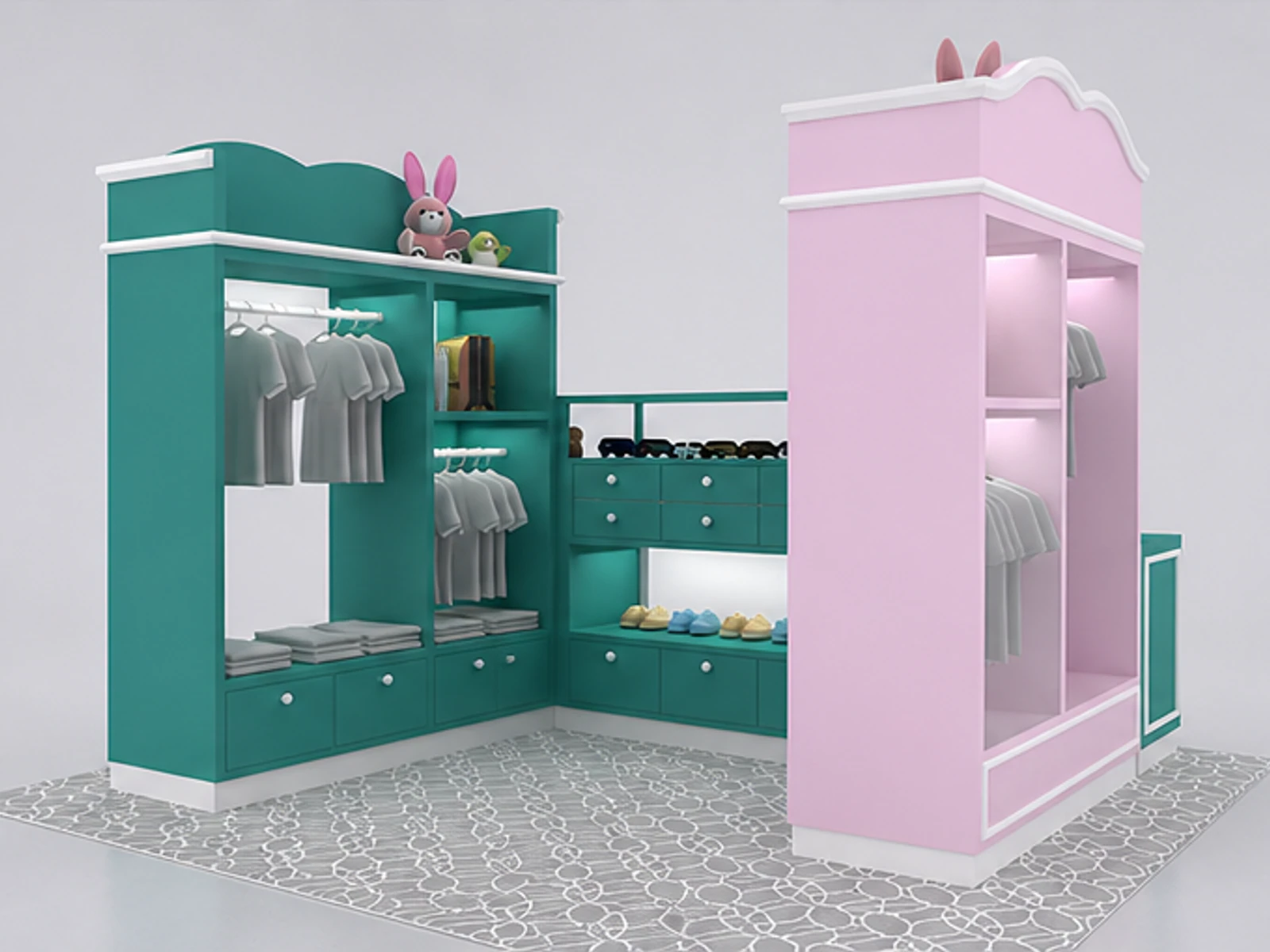 Lovely kids clothes display kiosk shoes display booth used in retail shopping center garment rails and shelving view