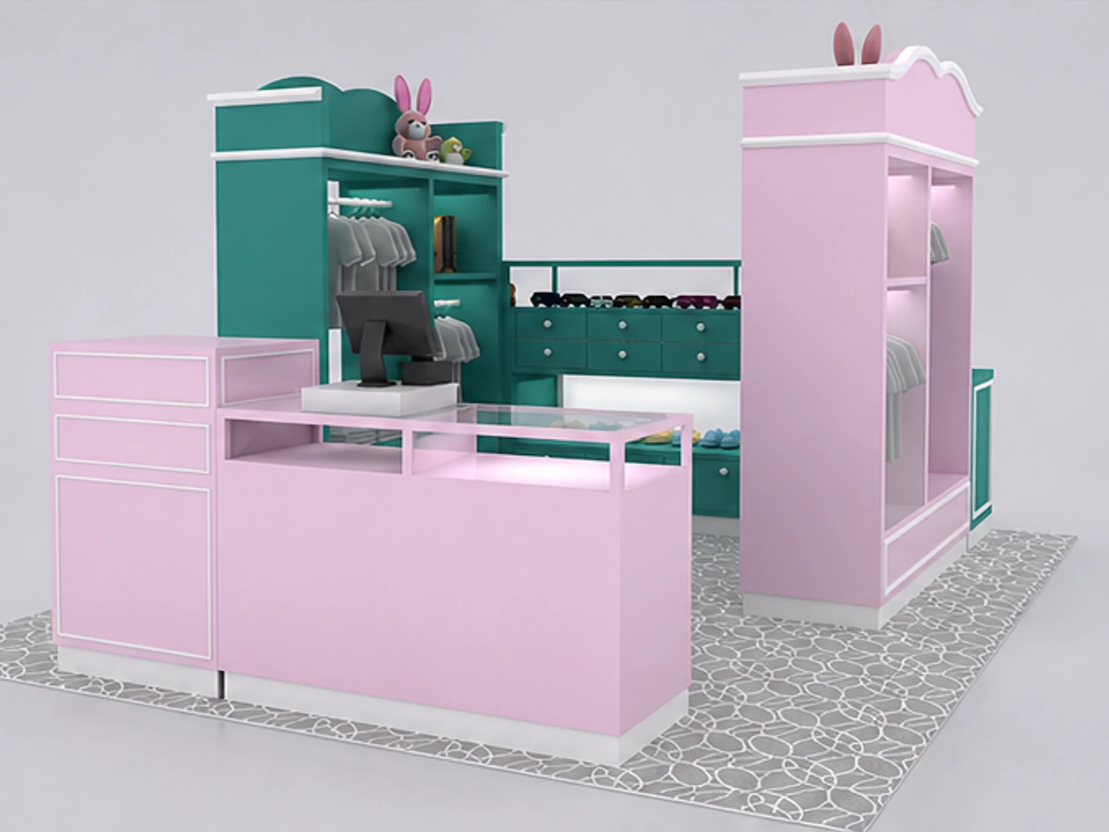 Lovely kids clothes display kiosk shoes display booth used in retail shopping center staff storage and checkout detail