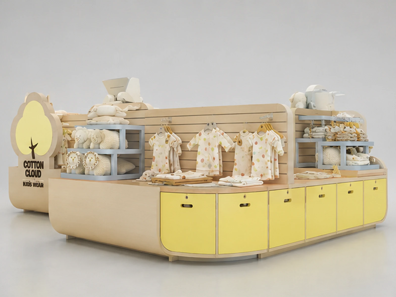 Lovely kids clothes kiosk design children clothes display booth share you angled clothing display view