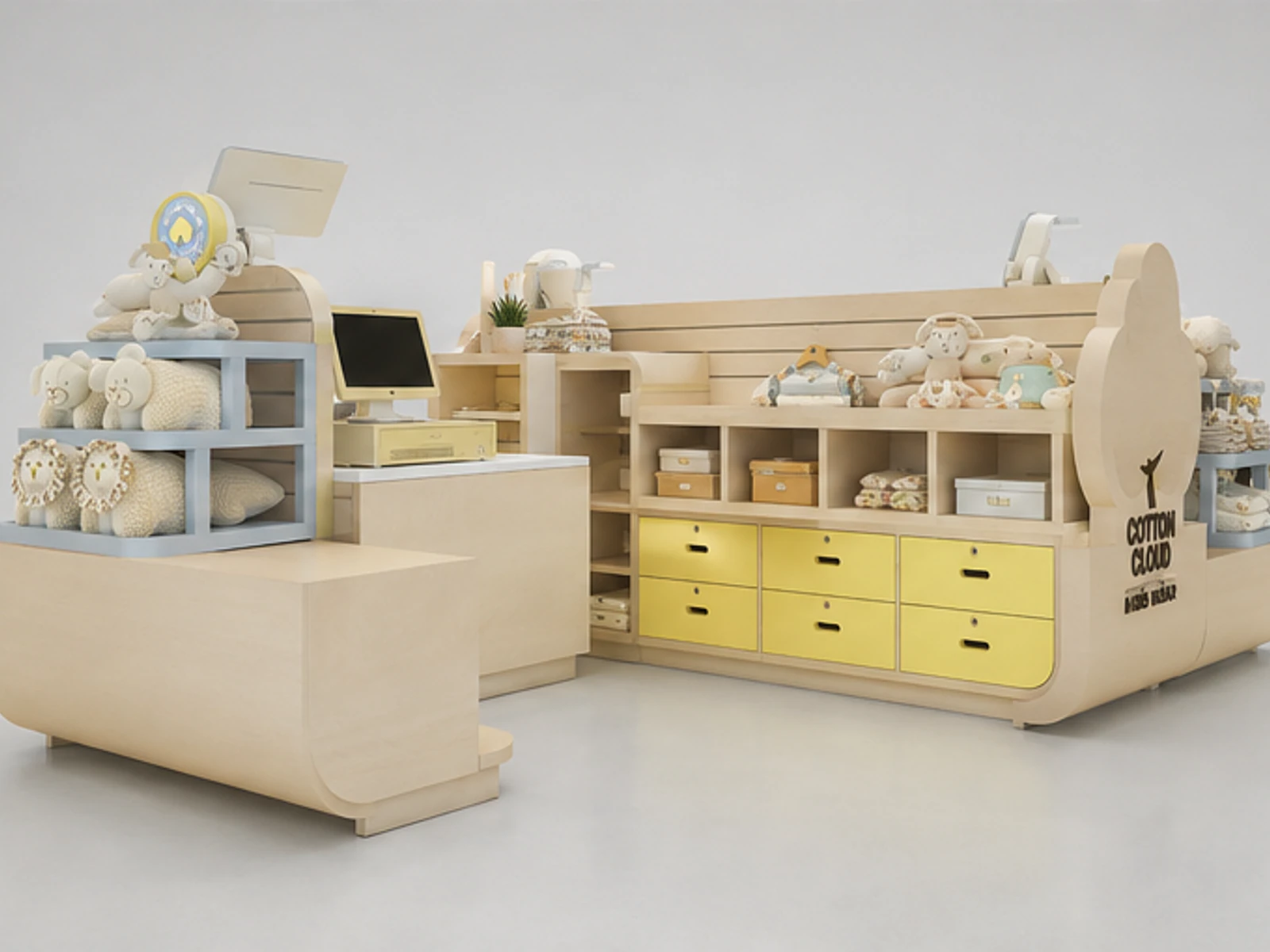 Lovely kids clothes kiosk design children clothes display booth share you staff storage and checkout detail
