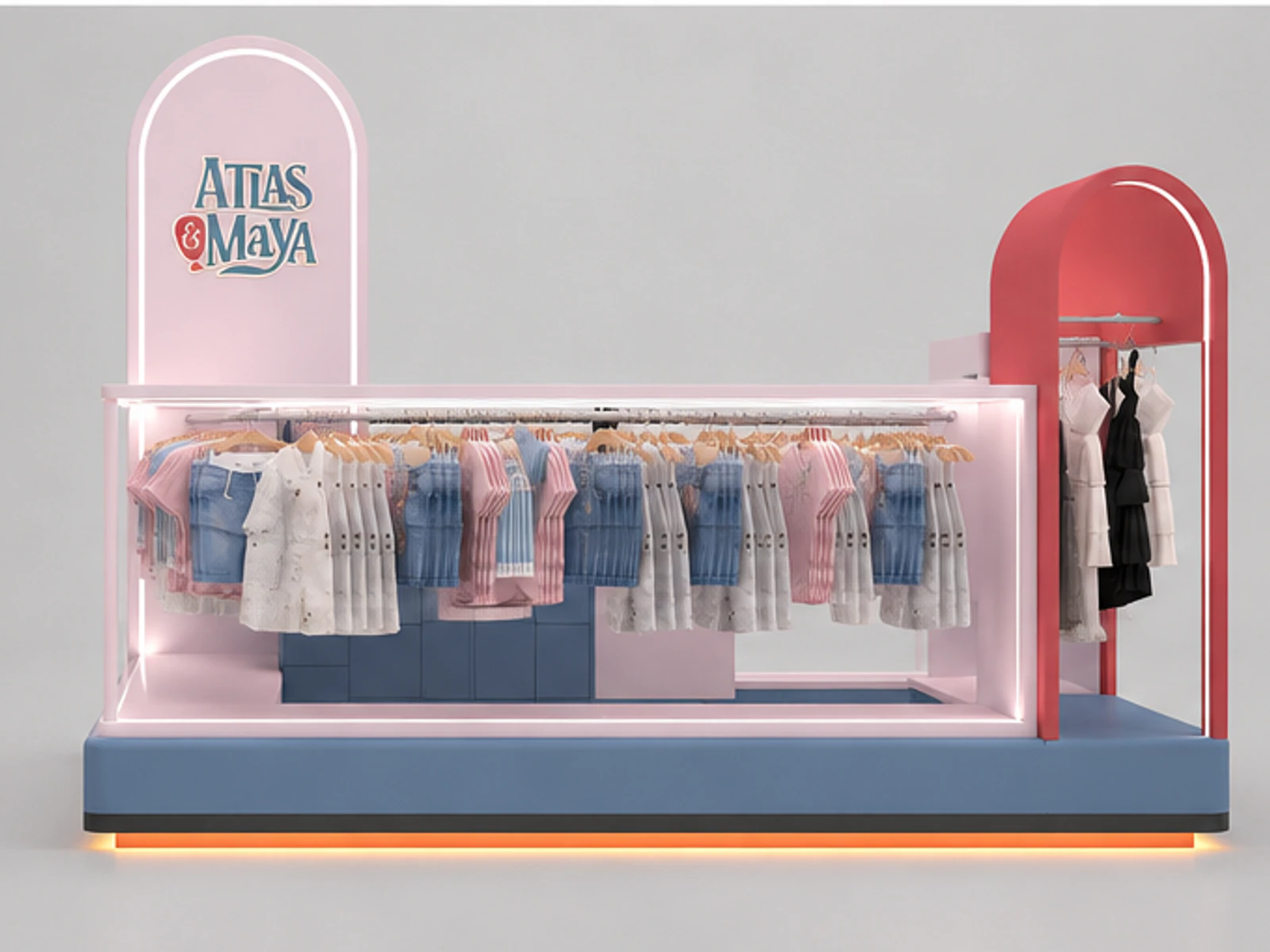 Mall Center Clothing Kiosk Customized Cute Child Clothing Kiosk for Sale garment rails and shelving view