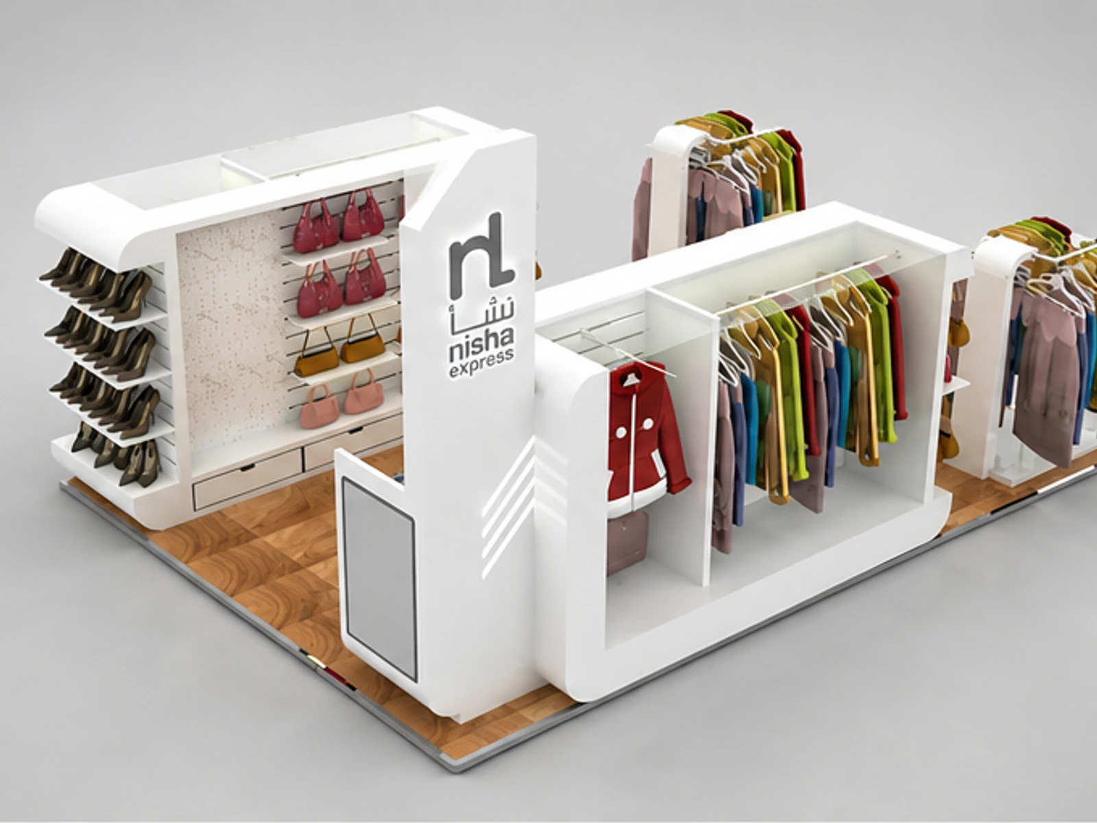 Mall retail use clothing display kiosk handbag display stand used in shopping center main mall-facing view