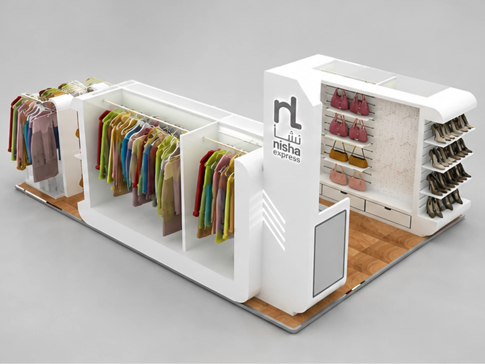 Mall retail use clothing display kiosk handbag display stand used in shopping center angled clothing display view