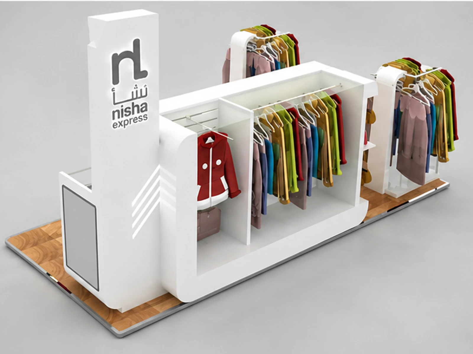 Mall retail use clothing display kiosk handbag display stand used in shopping center garment rails and shelving view