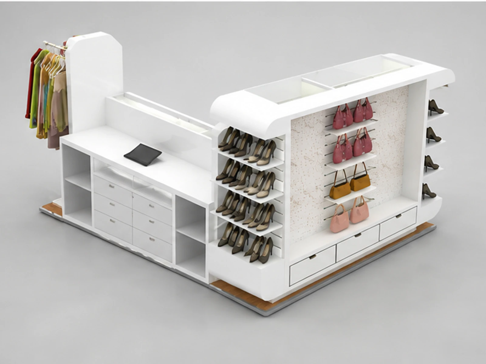 Mall retail use clothing display kiosk handbag display stand used in shopping center staff storage and checkout detail