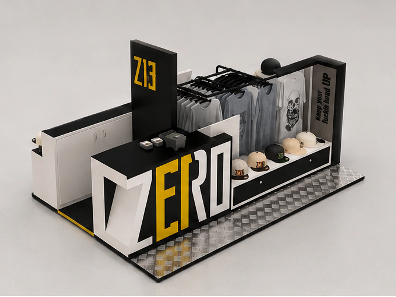 Mall retail use T-shirt display kiosk hats display stand with shelves share you angled clothing display view