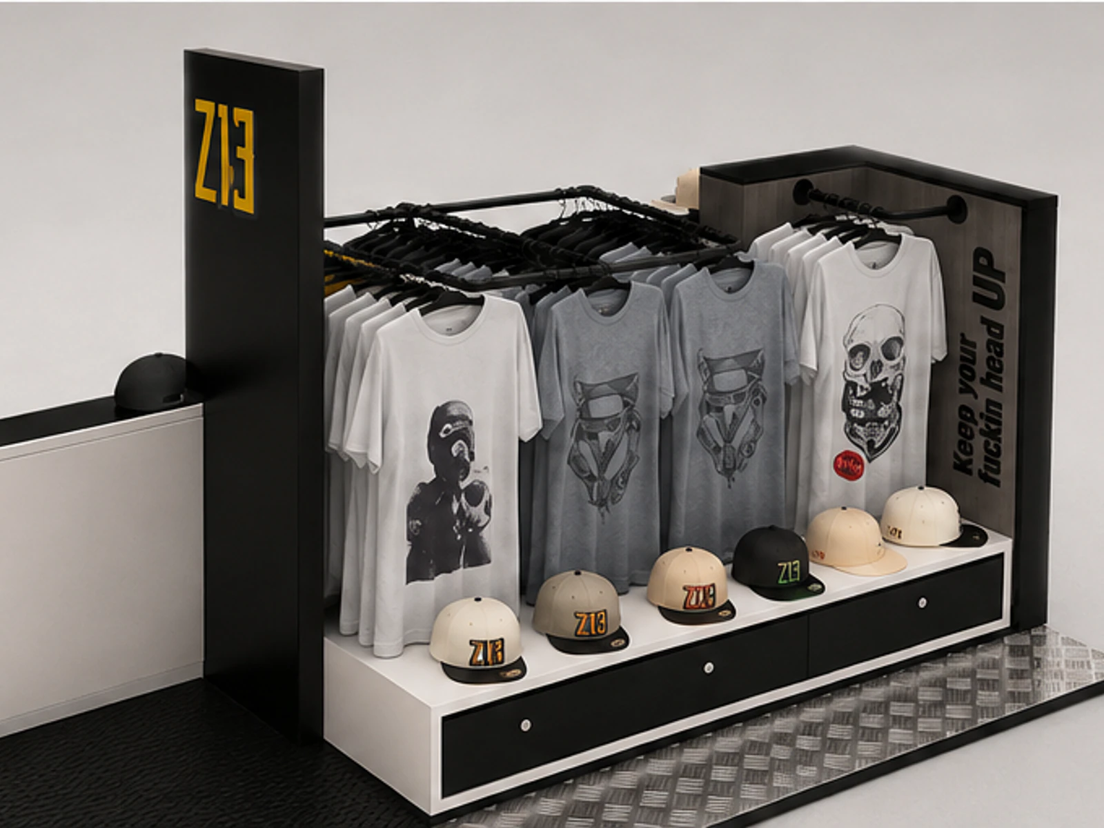 Mall retail use T-shirt display kiosk hats display stand with shelves share you garment rails and shelving view
