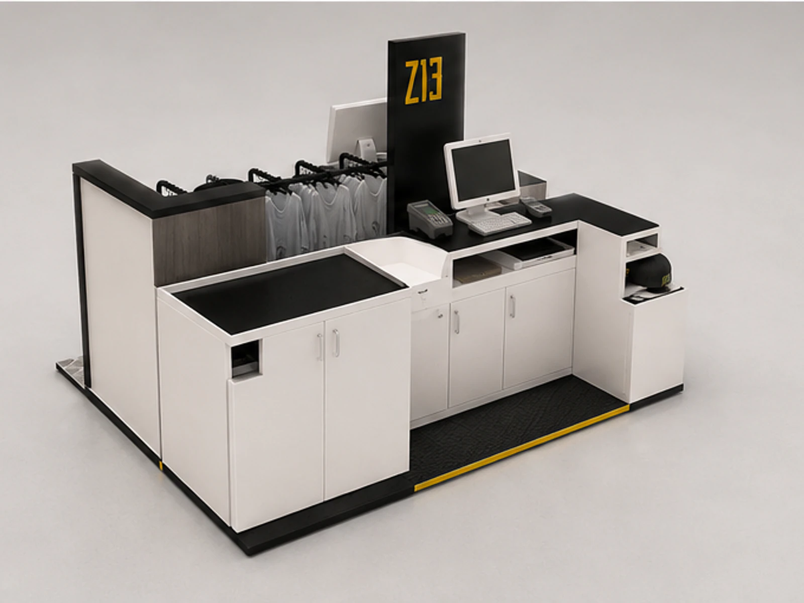 Mall retail use T-shirt display kiosk hats display stand with shelves share you staff storage and checkout detail