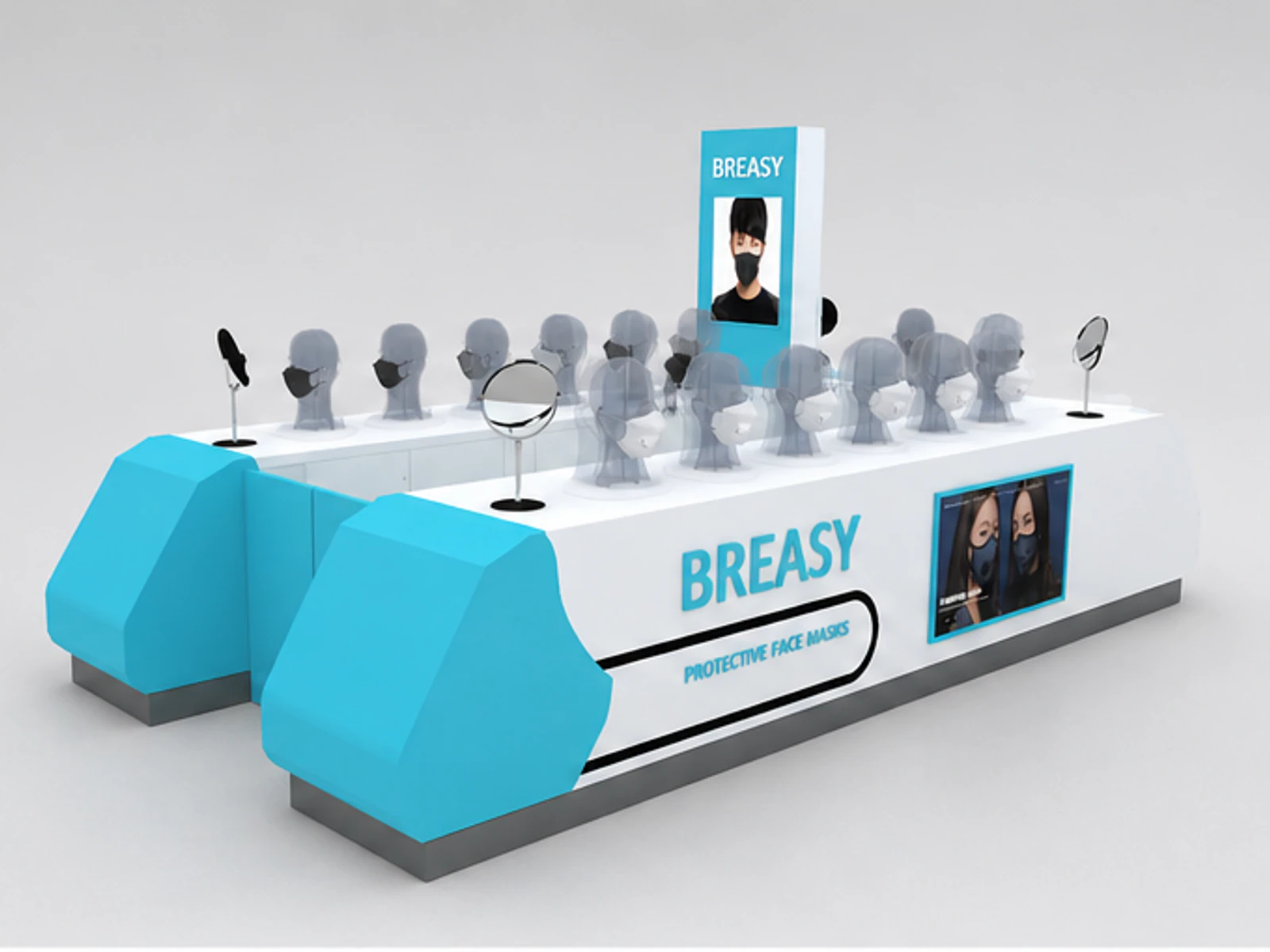 Mask retail display kiosk | unique masks showcase for sale main mall-facing view
