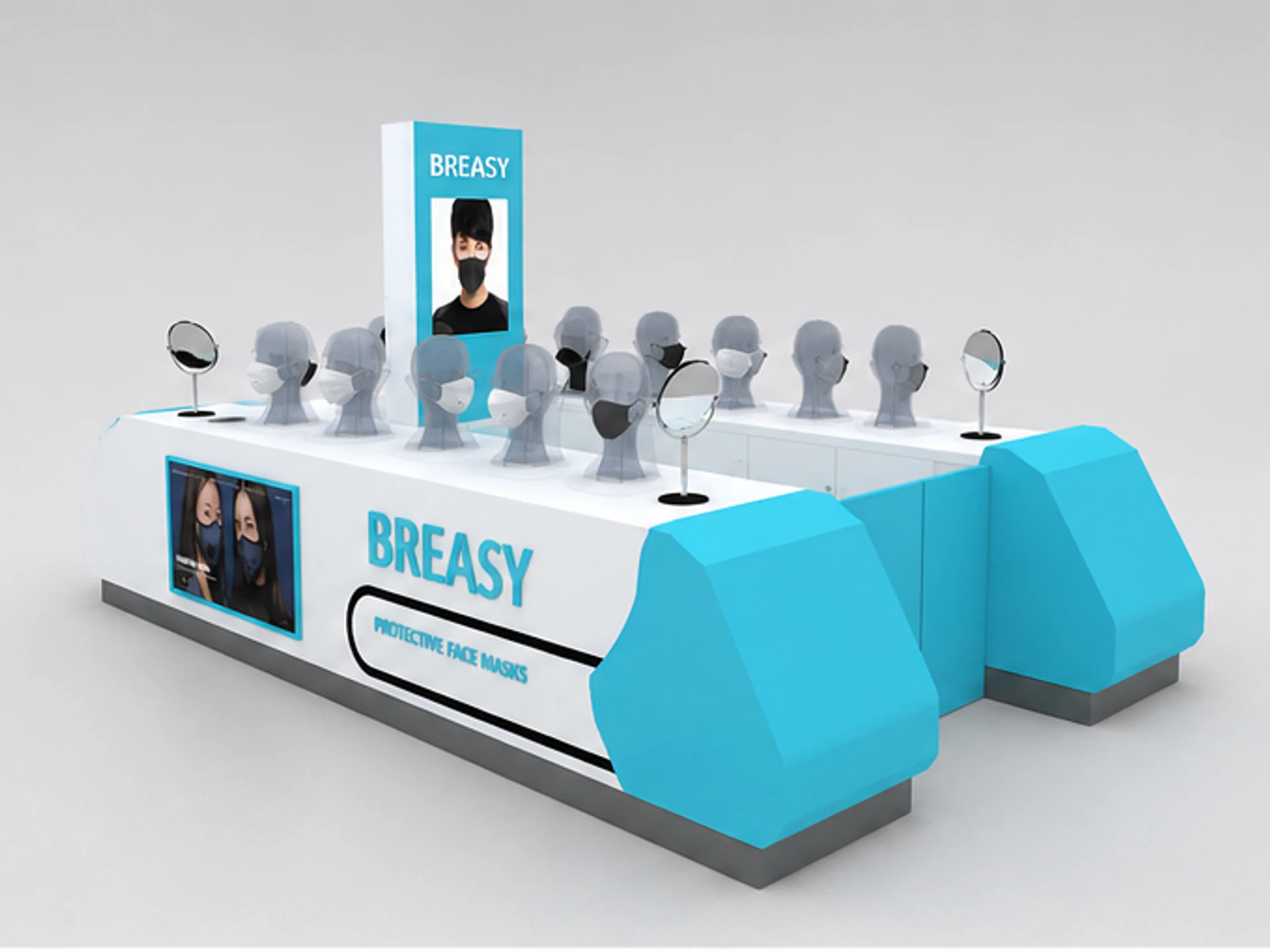 Mask retail display kiosk | unique masks showcase for sale angled clothing display view