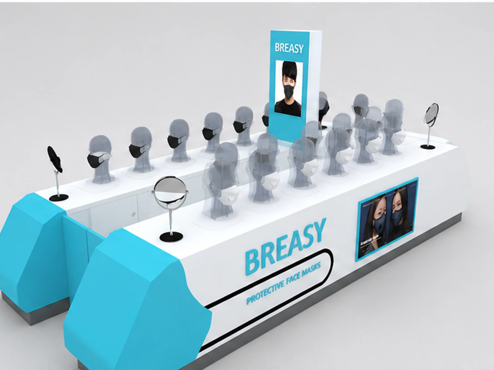 Mask retail display kiosk | unique masks showcase for sale garment rails and shelving view