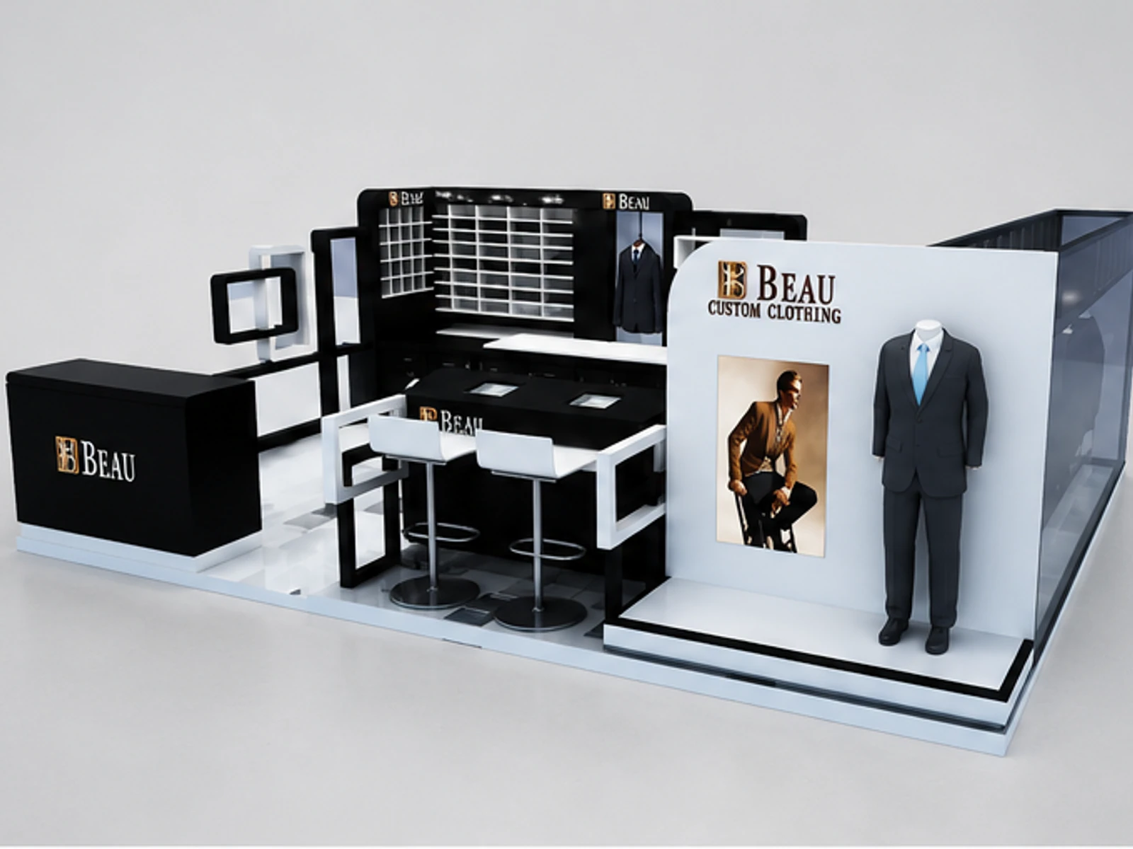 Men business suit kiosk | clothing display booth main mall-facing view