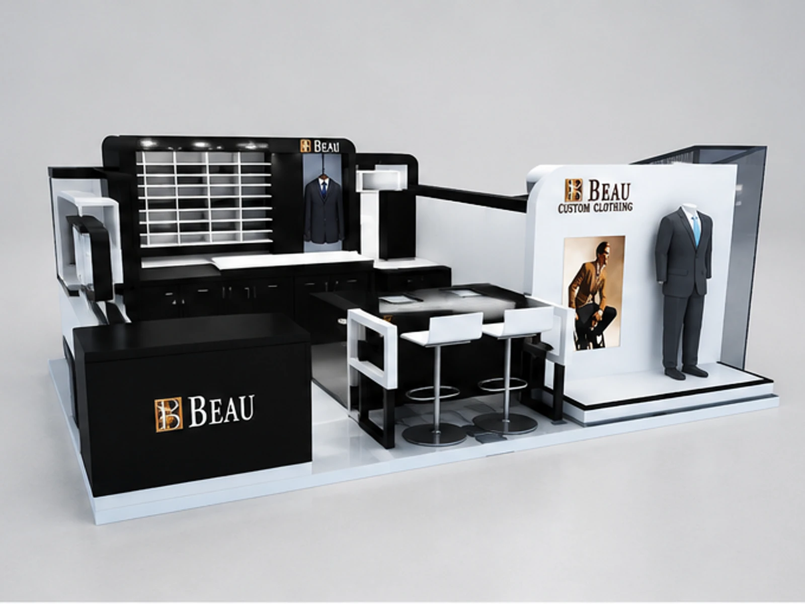 Men business suit kiosk | clothing display booth angled clothing display view
