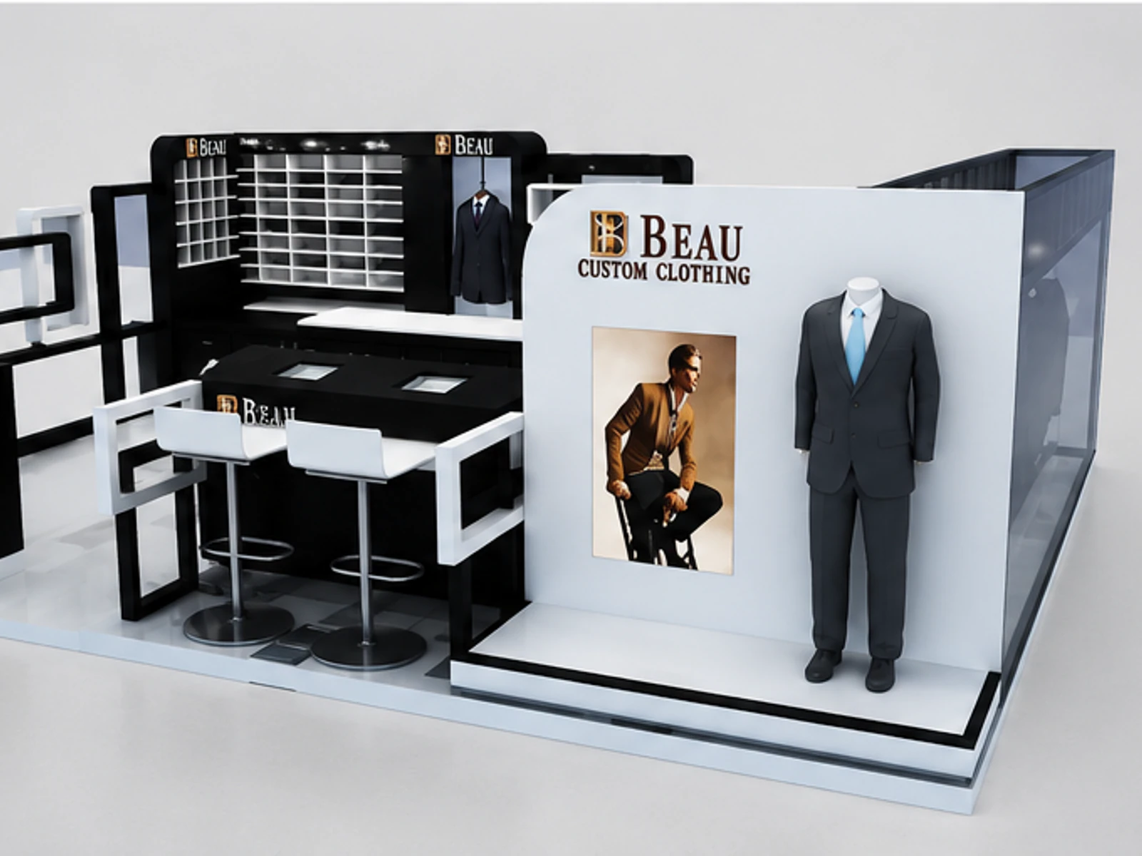Men business suit kiosk | clothing display booth garment rails and shelving view