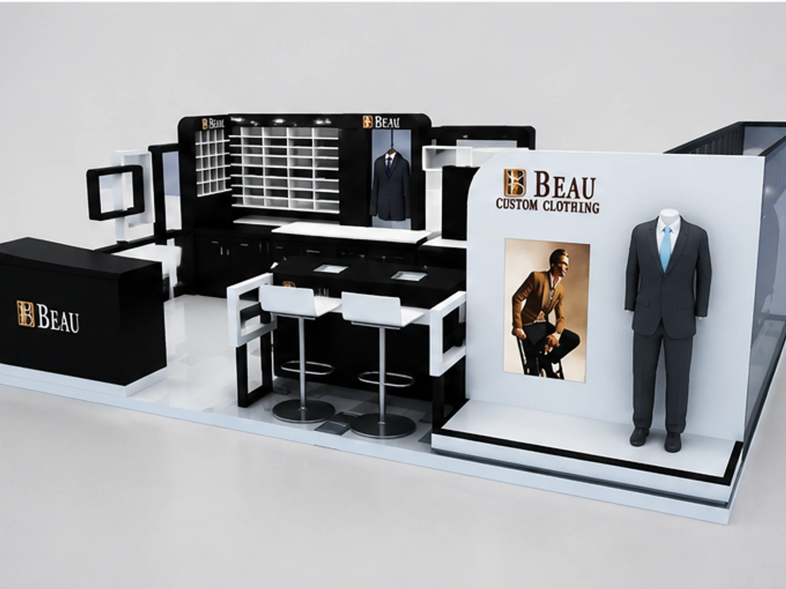 Men business suit kiosk | clothing display booth staff storage and checkout detail