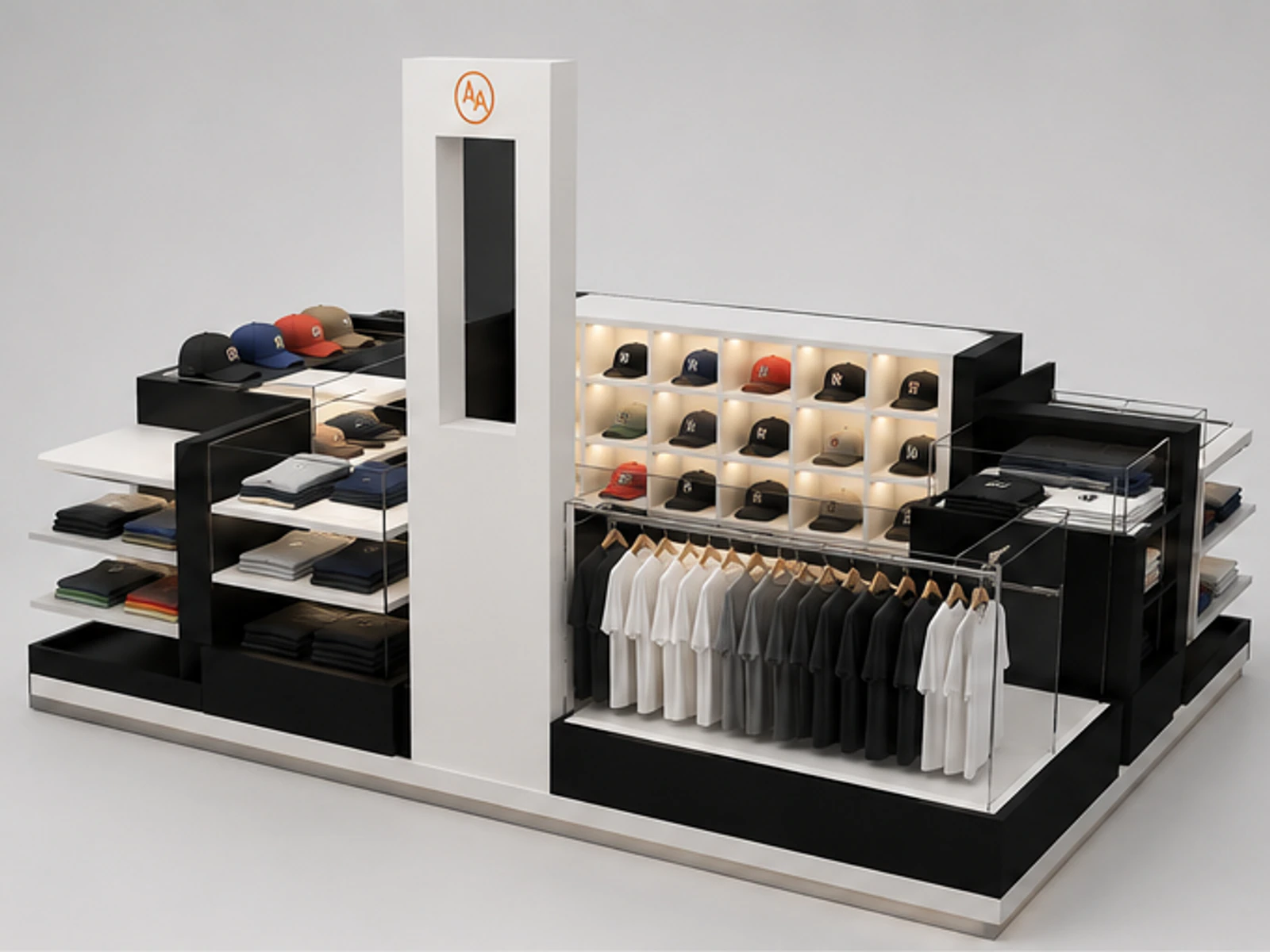 Modern custom T-shirt display kiosk hats display booth used in USA main mall-facing view