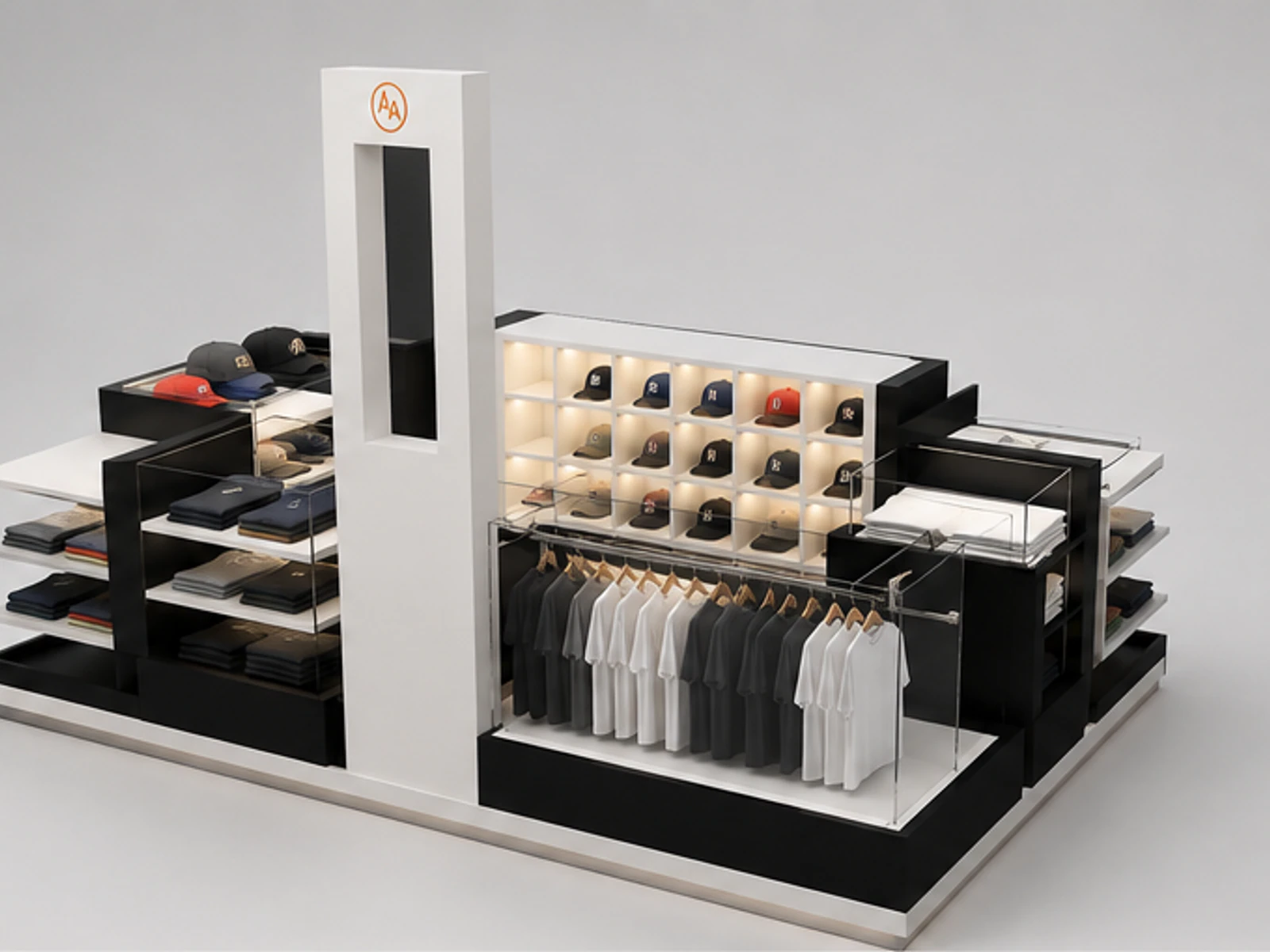 Modern custom T-shirt display kiosk hats display booth used in USA angled clothing display view