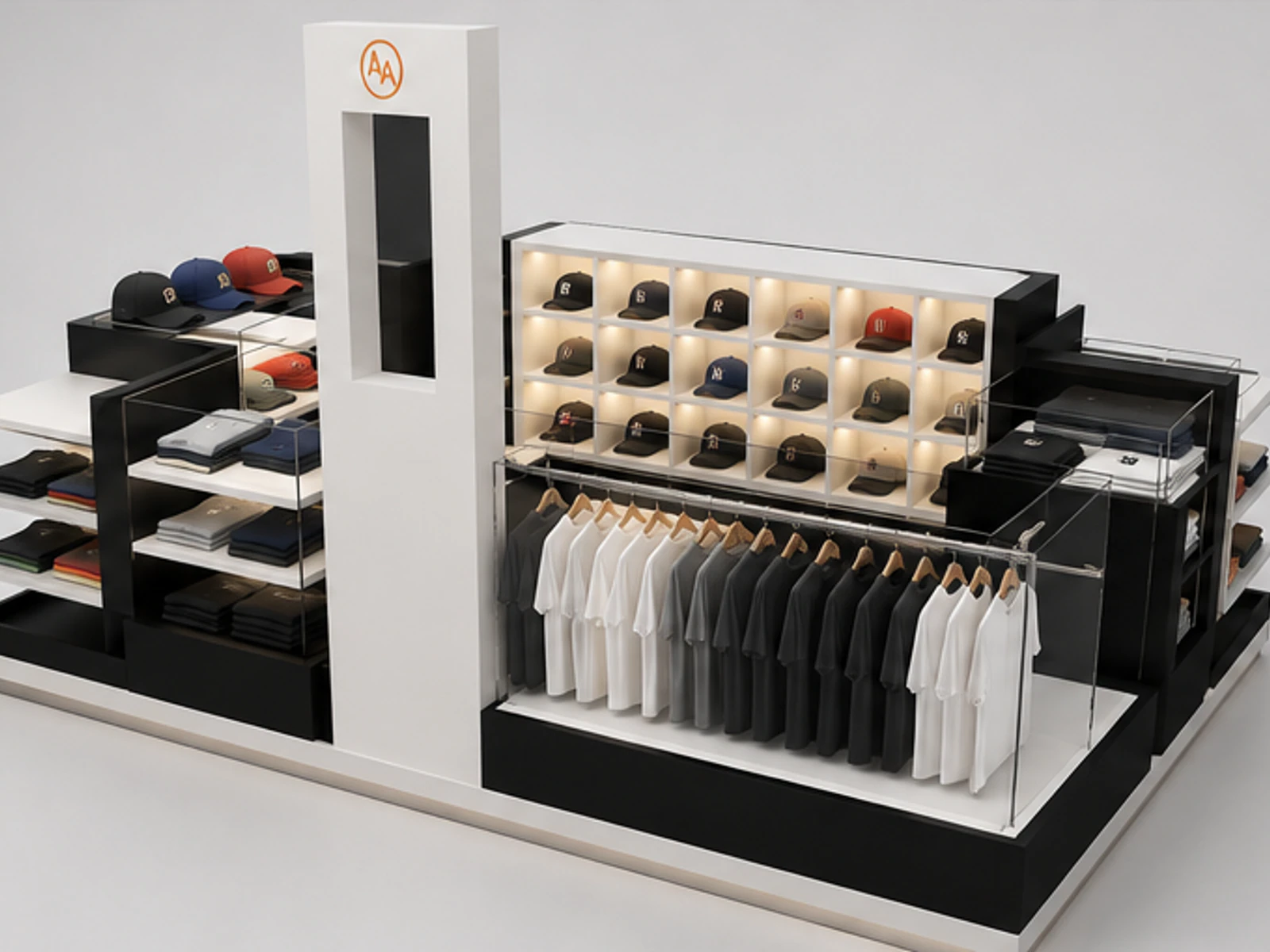 Modern custom T-shirt display kiosk hats display booth used in USA garment rails and shelving view