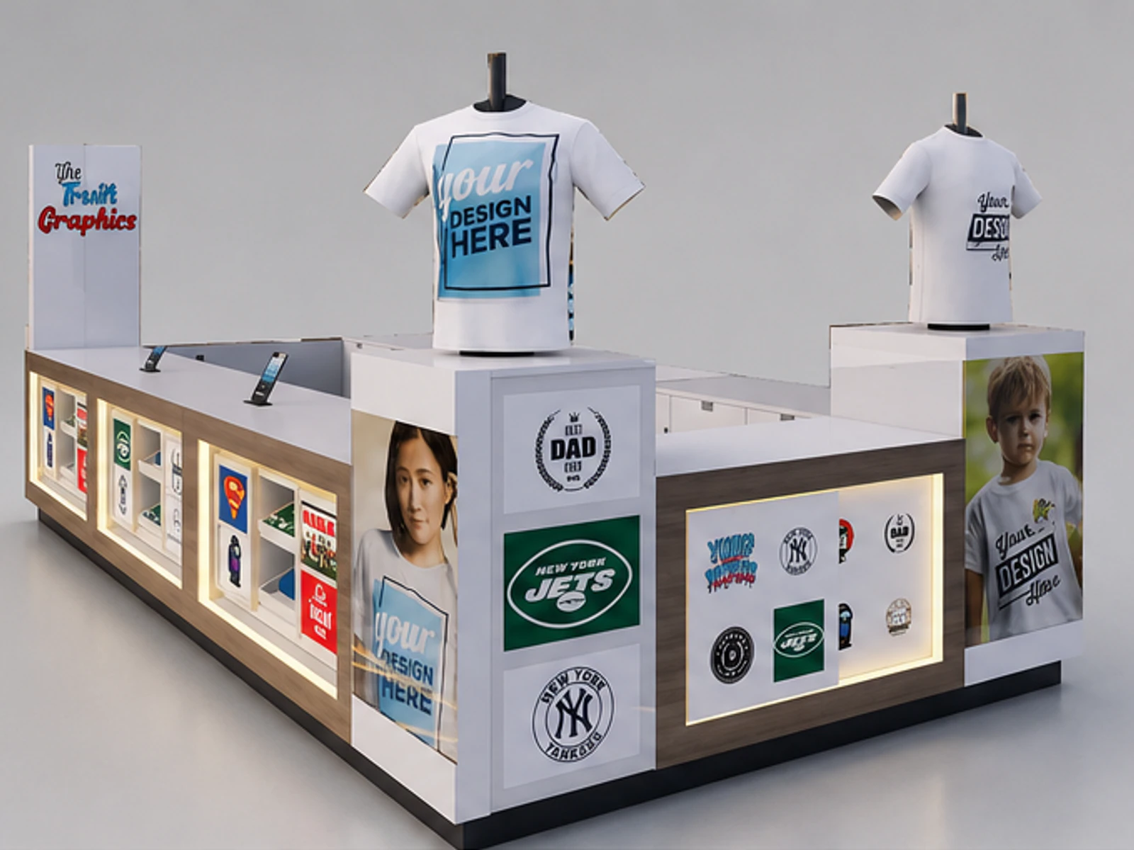 Modern custom T-shirt printing kiosk wooden T-shirt display booth for sale main mall-facing view