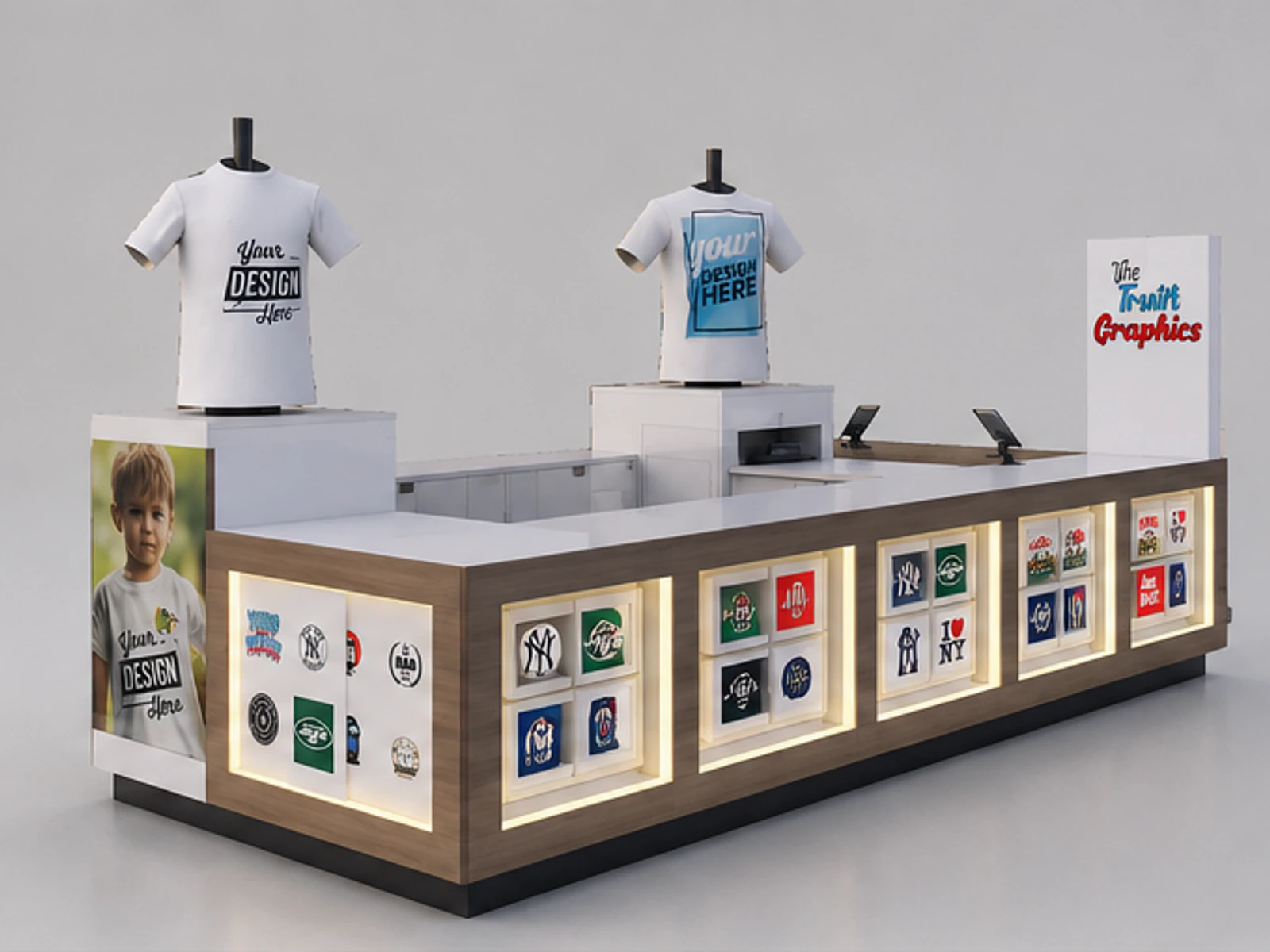 Modern custom T-shirt printing kiosk wooden T-shirt display booth for sale angled clothing display view