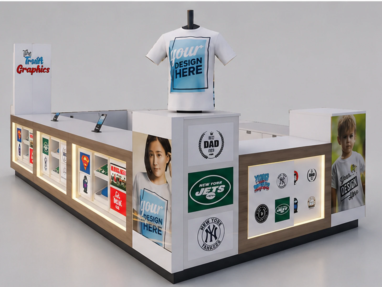 Modern custom T-shirt printing kiosk wooden T-shirt display booth for sale garment rails and shelving view