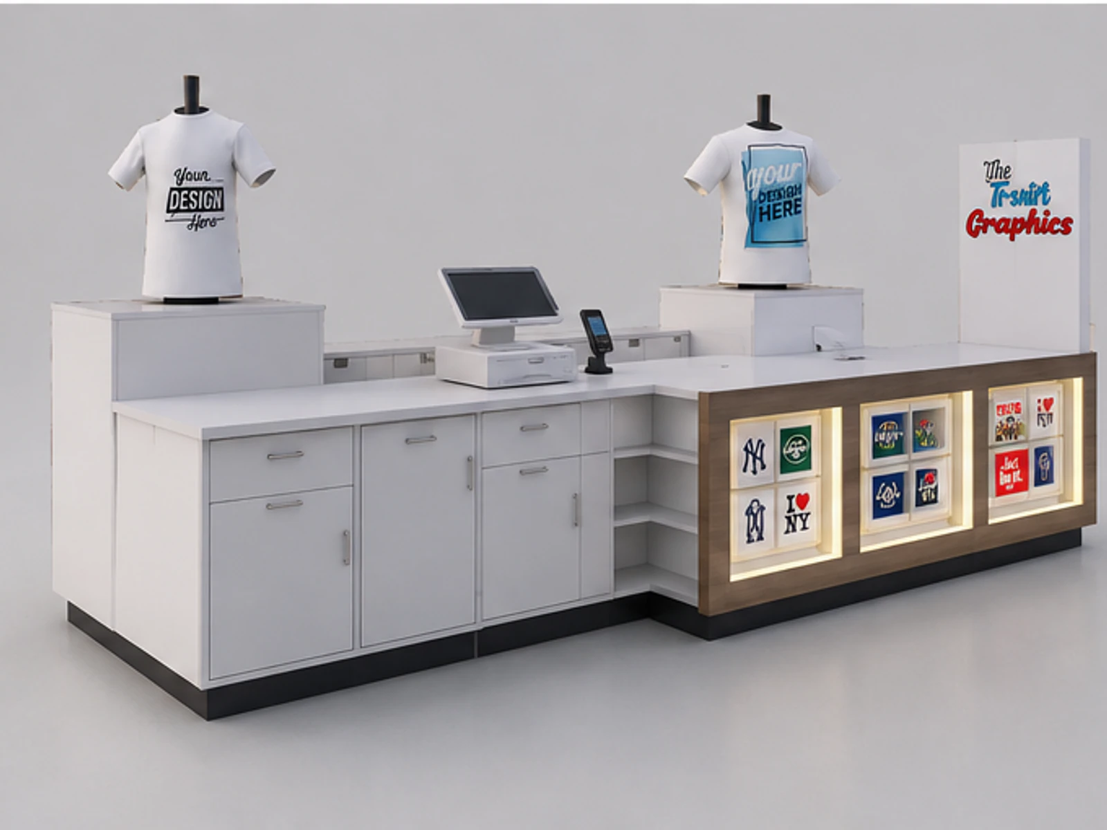 Modern custom T-shirt printing kiosk wooden T-shirt display booth for sale staff storage and checkout detail