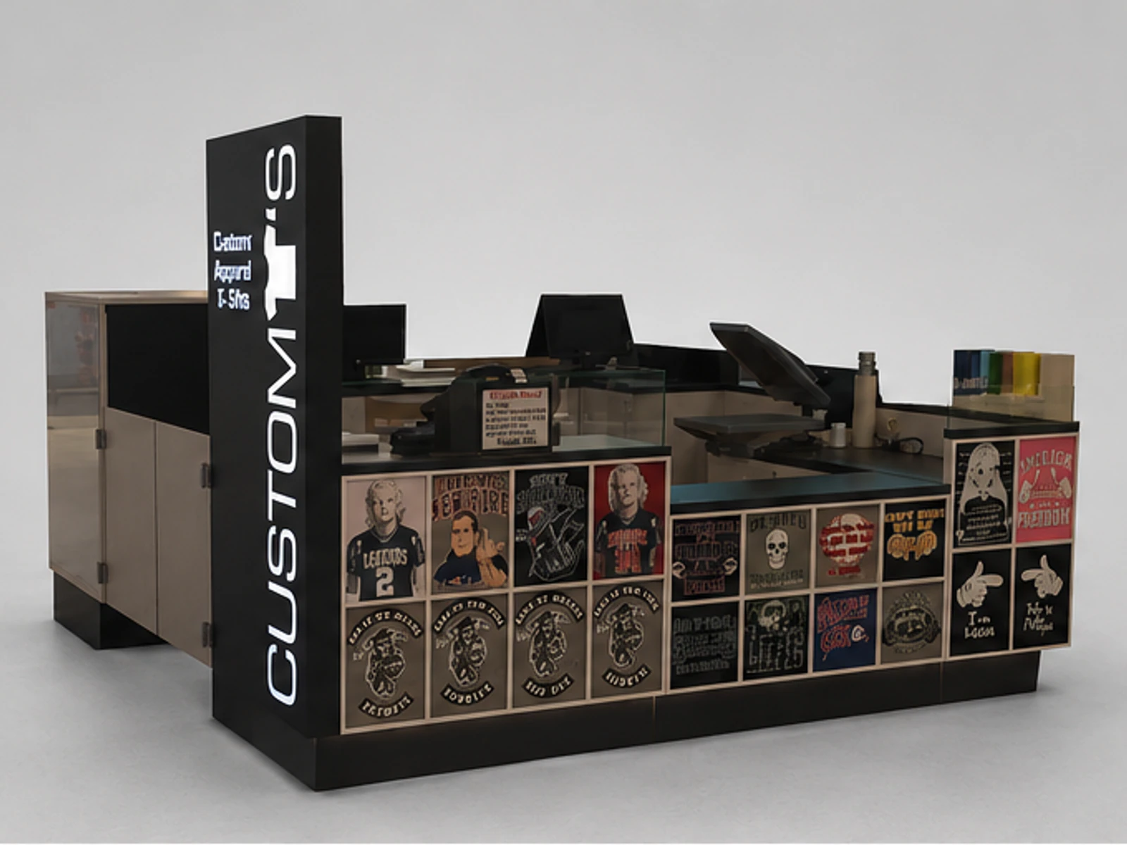 New arrival custom T-shirt kiosk T-shirt printing kiosk used in shopping mall main mall-facing view