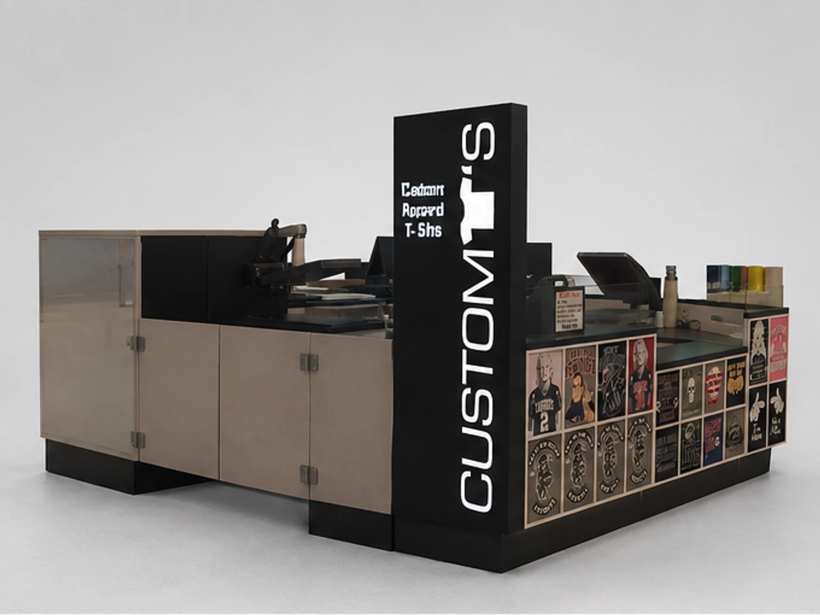 New arrival custom T-shirt kiosk T-shirt printing kiosk used in shopping mall angled clothing display view