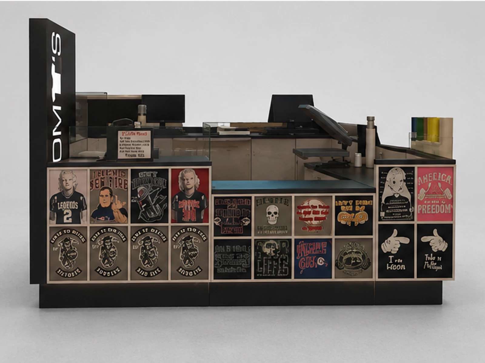 New arrival custom T-shirt kiosk T-shirt printing kiosk used in shopping mall garment rails and shelving view