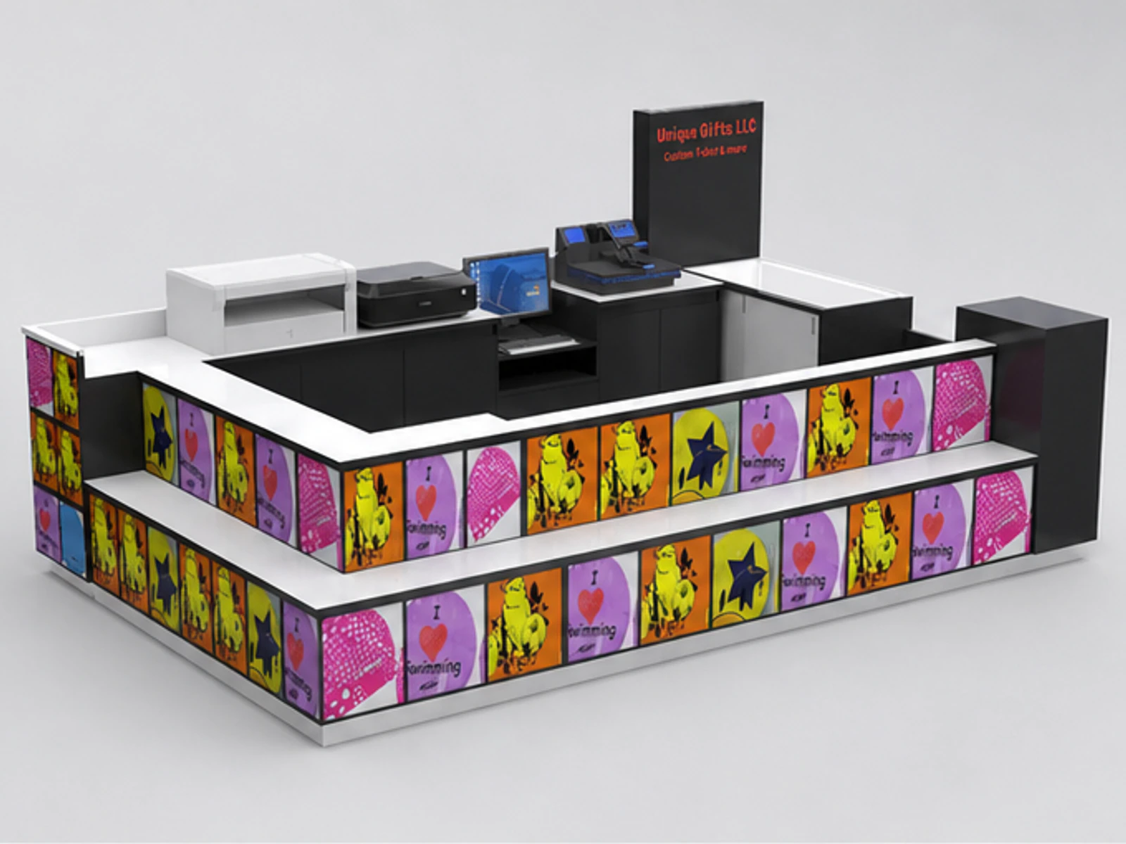 New finished custom T-shirt printing kiosk wooden T-shirt display booth used in America main mall-facing view