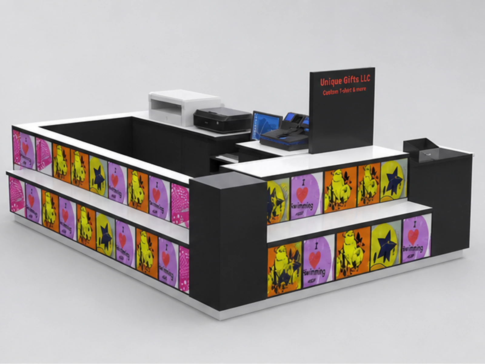New finished custom T-shirt printing kiosk wooden T-shirt display booth used in America angled clothing display view