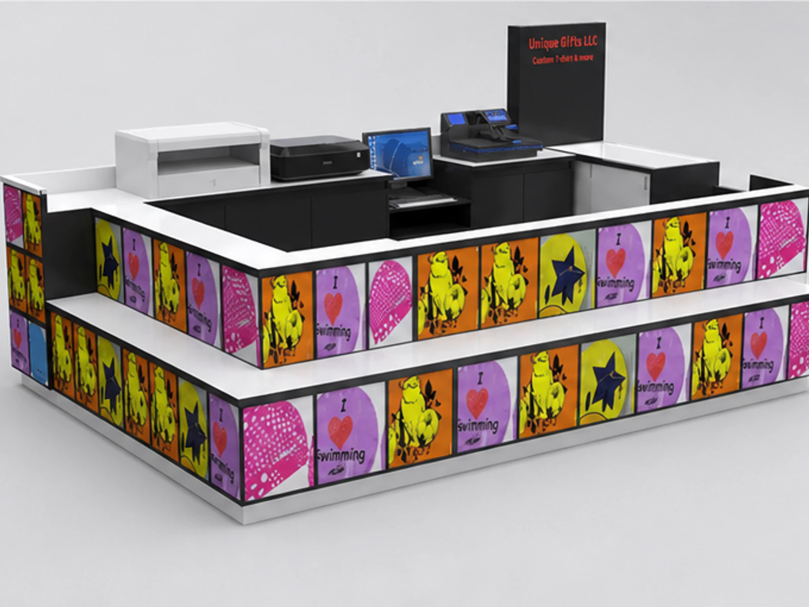New finished custom T-shirt printing kiosk wooden T-shirt display booth used in America garment rails and shelving view
